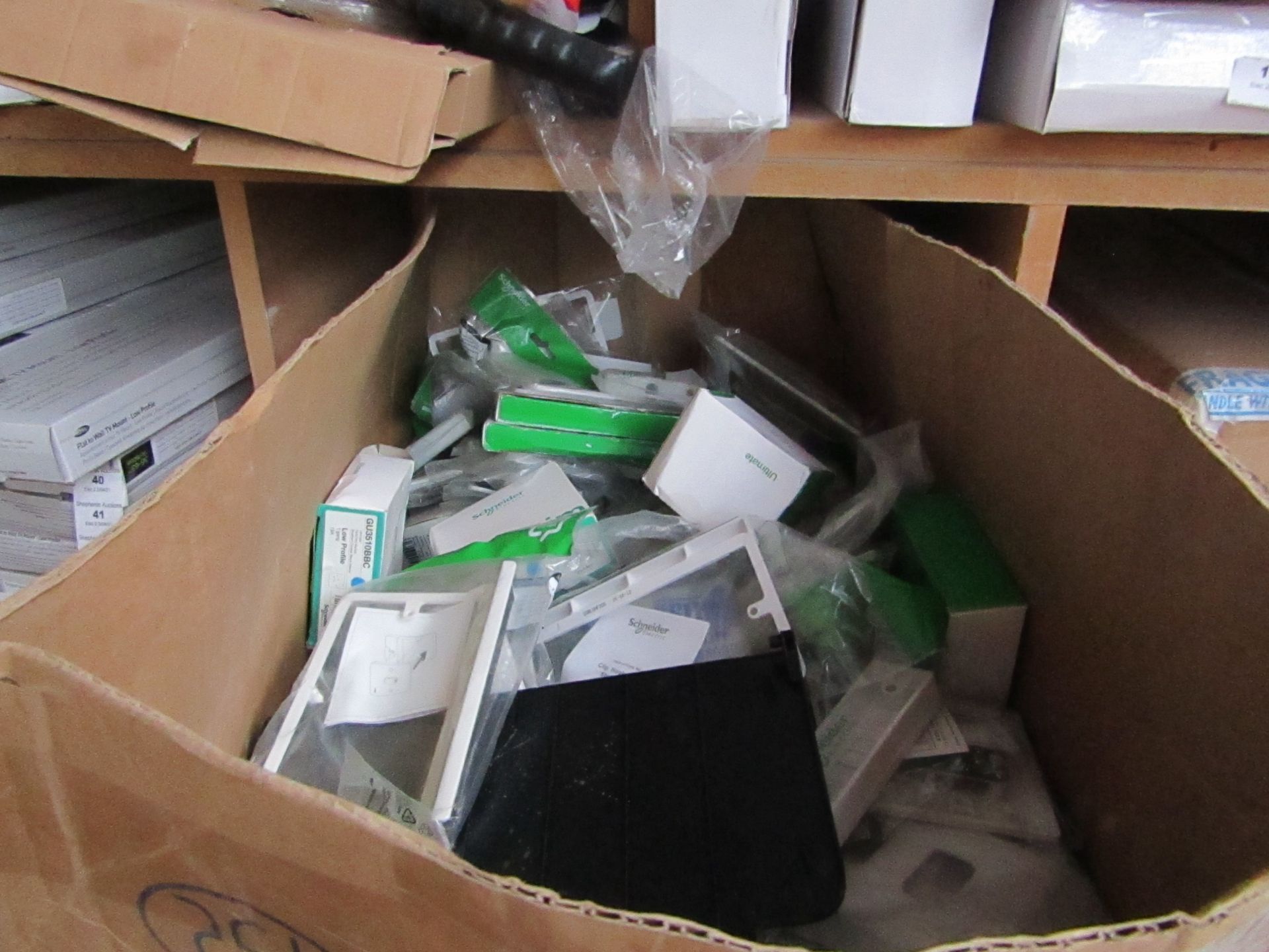 Box of approx 50+ items being mostly Schneider Electric light switches & spare parts for light