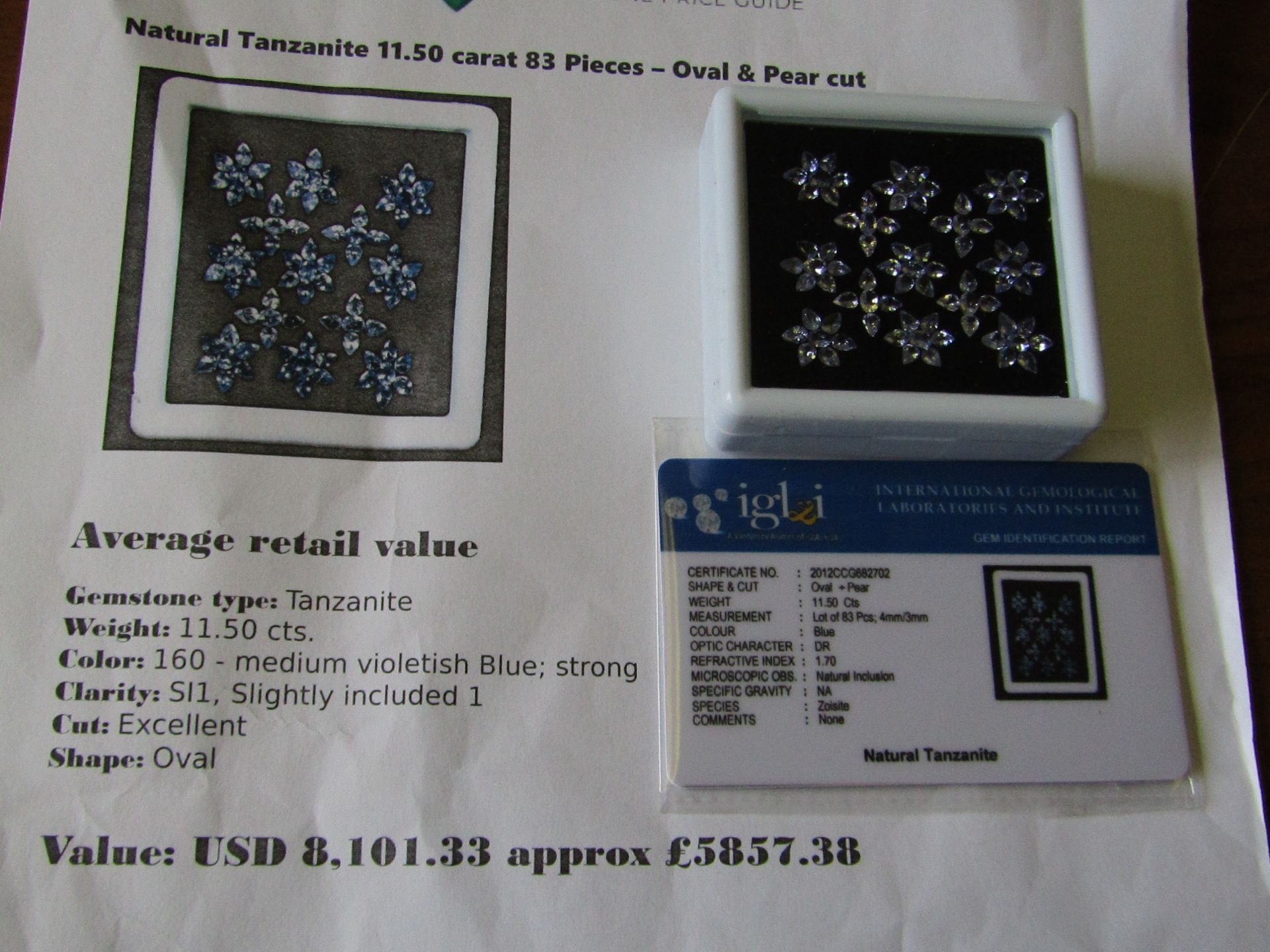 IGL&I certified - Natural Tanzanite - 11.50 Carats - 83 pieces - Average retail value £ 5,857.38