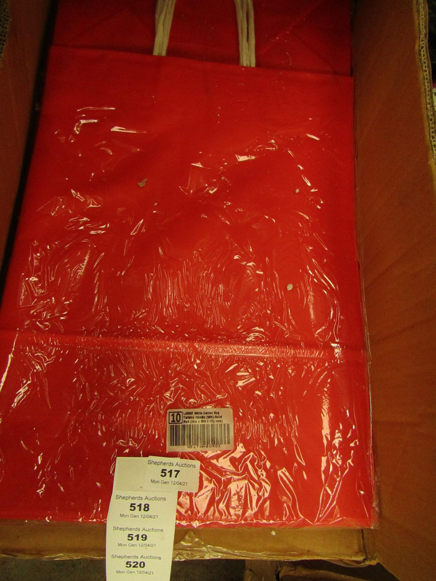 5x Pack of 10 Large, Red Carrier Bags with Rope Handles - New & Packaged.