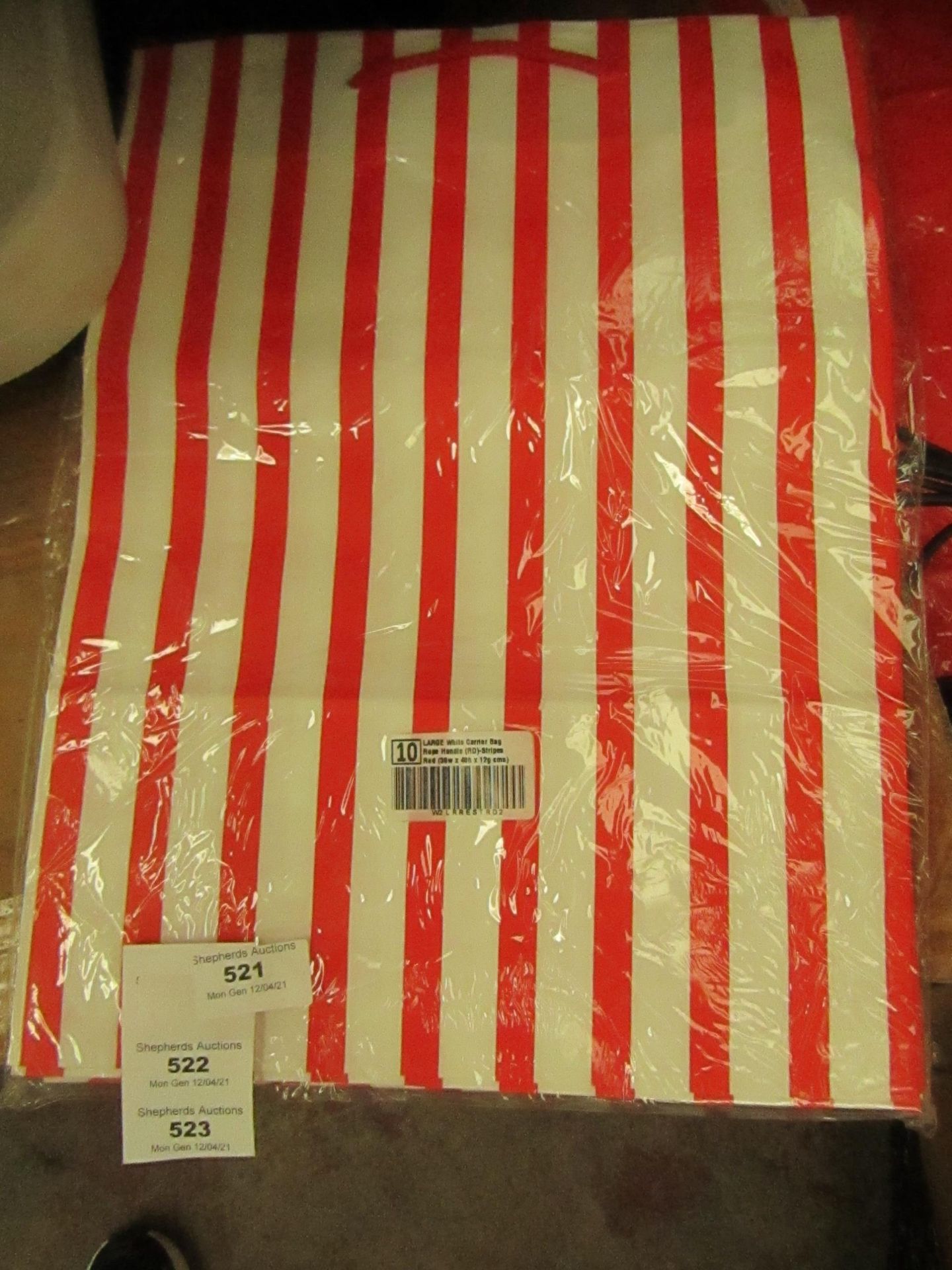 5x Pack of 10 Large, Red & White Carrier Bags with Rope Handles - New & Packaged.