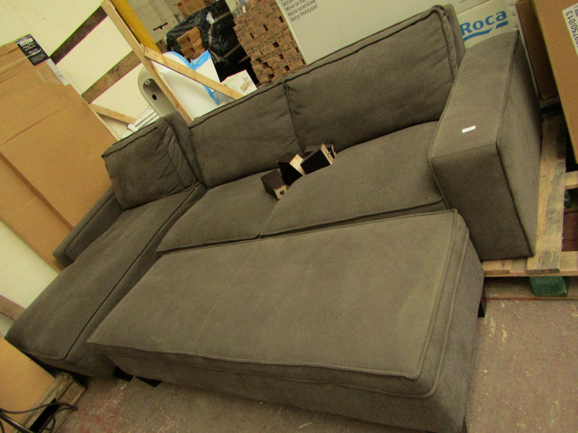 Costco L shaped sofa with ottoman storage in the chaise and a matching long footstool, could do with