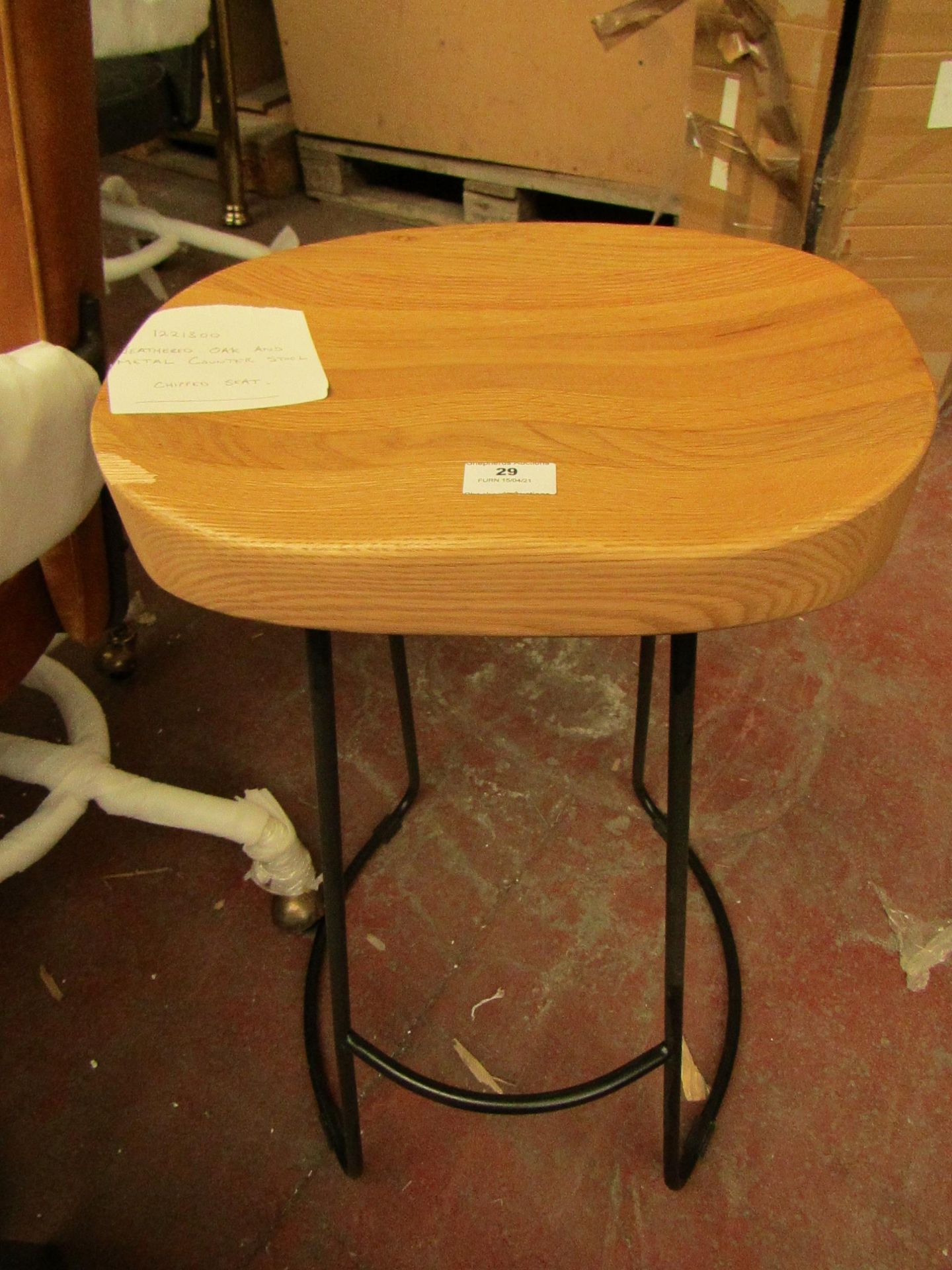 | 1X | COX & COX INDUSTRIAL STYLE OAK & METAL COUNTER STOOL | SEAT IS CHIPPED | RRP £225 |