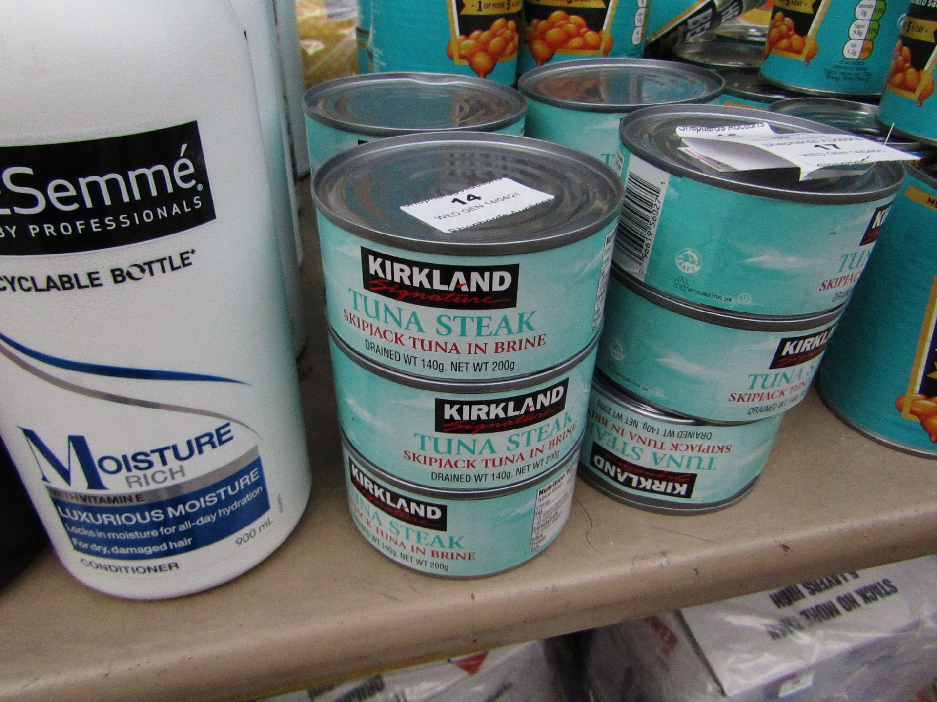 3x 200g tins of Kirkland Signature Tuna Steaks in Brine, BB 10/2023, the tin may has some