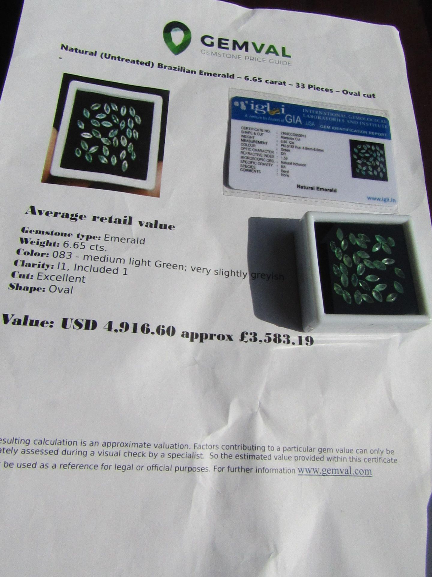 IGL&I Certified - Natural Brazilian Emeralds - 6.65 Carats - 33 Pieces - Average retail value £3, - Image 2 of 2