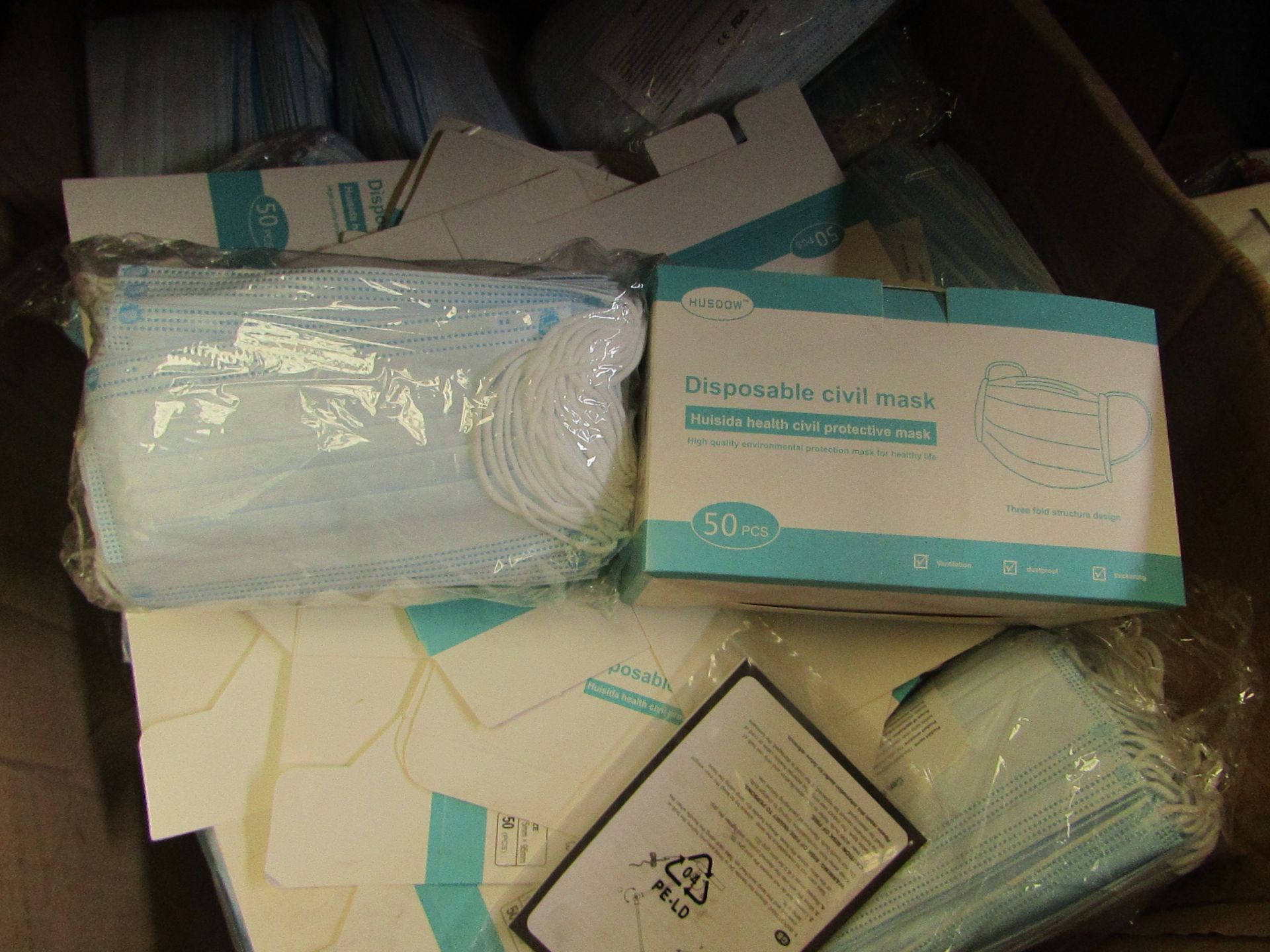 Pack of 50x Disposable masks, new and packaged.