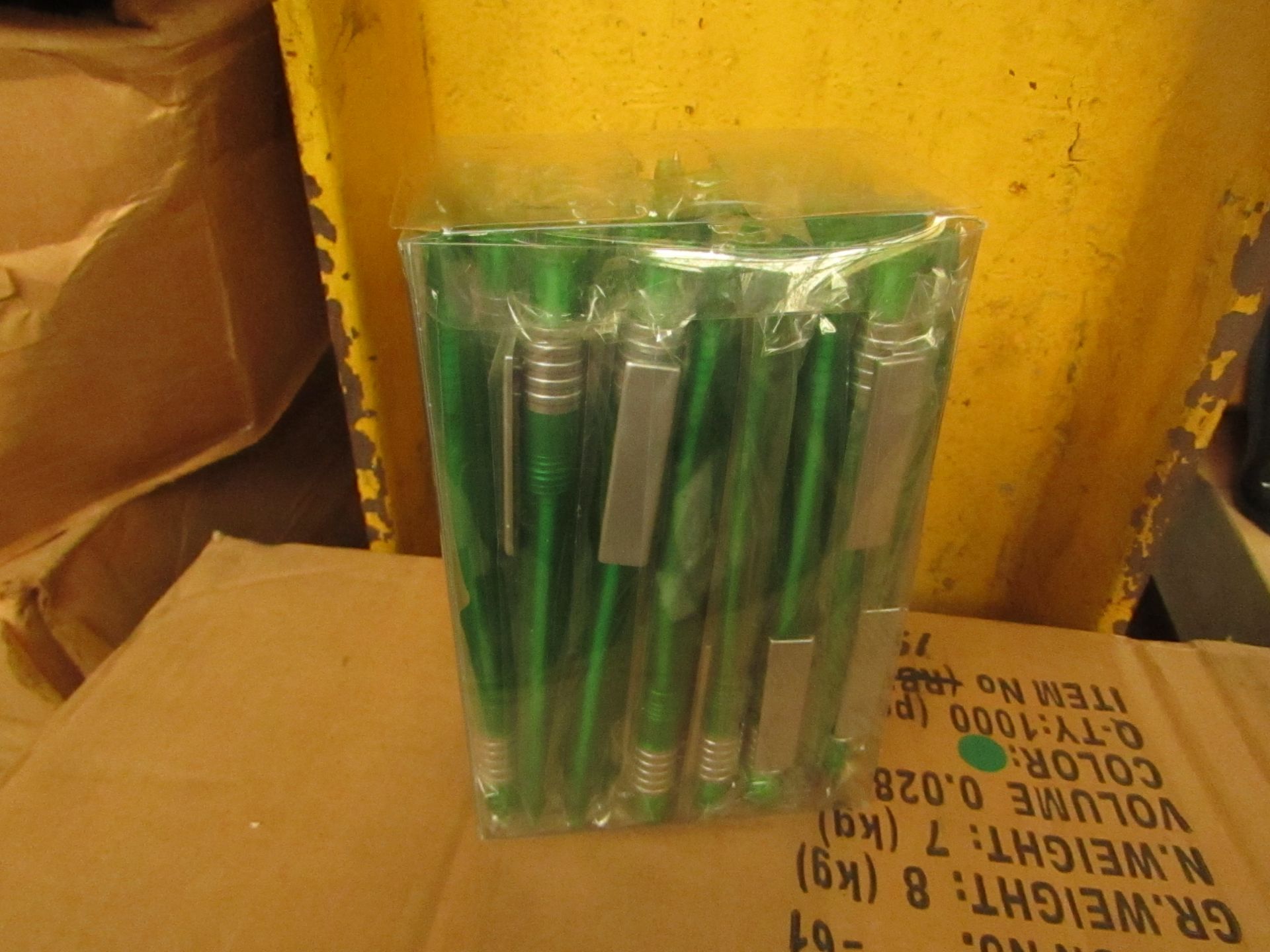 2x Boxes of 50 green black ball point pens, new and packaged.