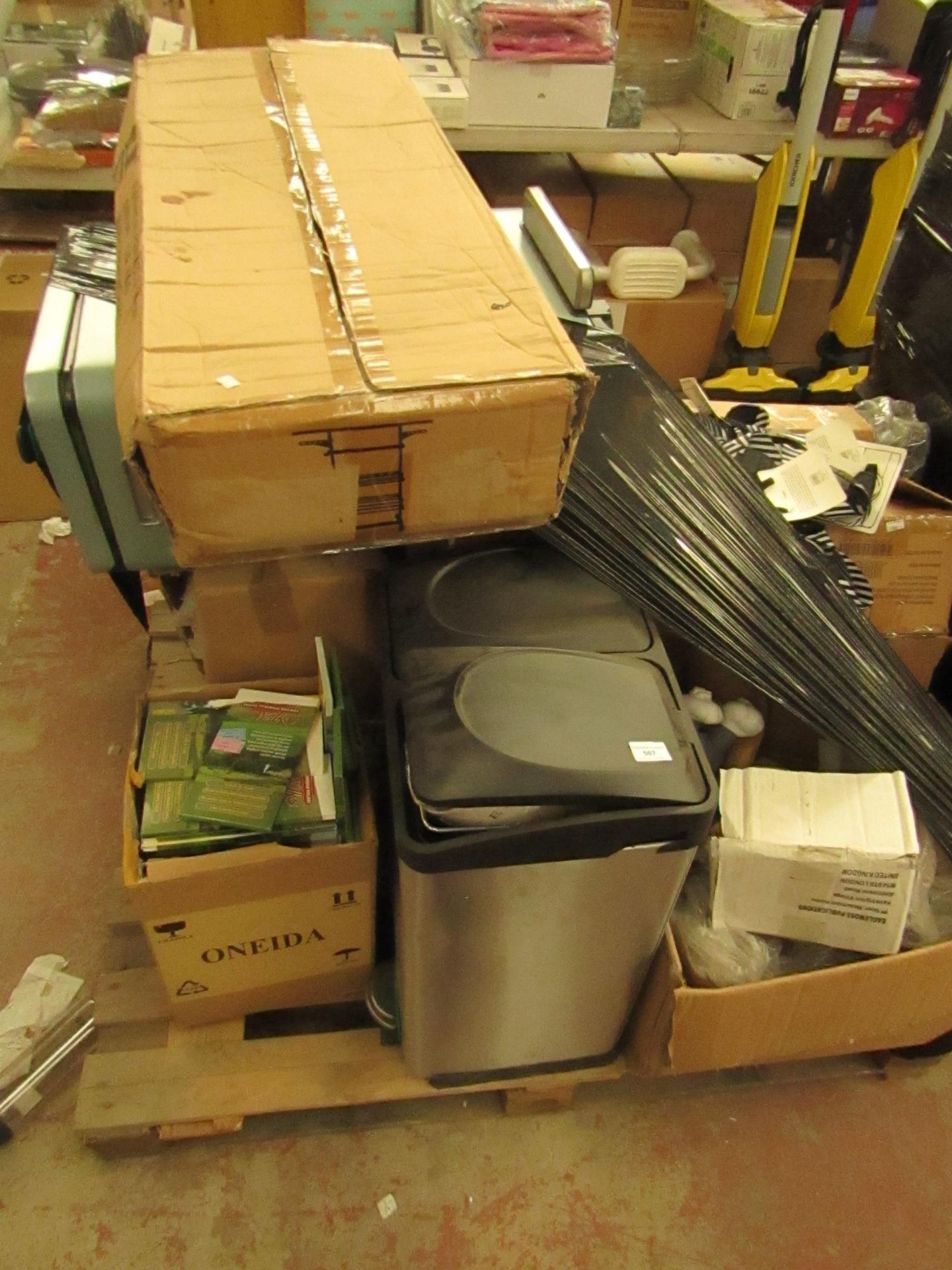 Pallet of Various General Auction Items (Bins, Moving Clothes Rack, Disposable Forks etc)