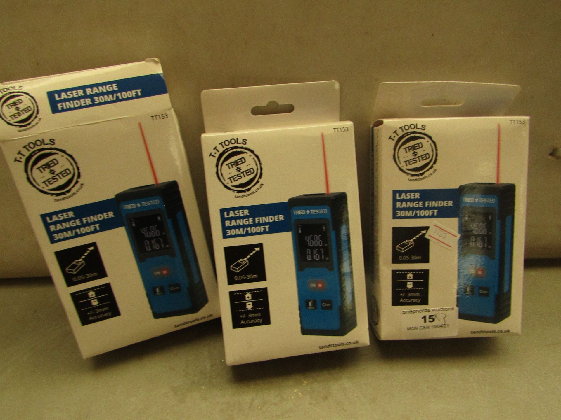 3x TT-Tools - Laser Range Finder 30m / 100Ft - Unchecked & Boxed.