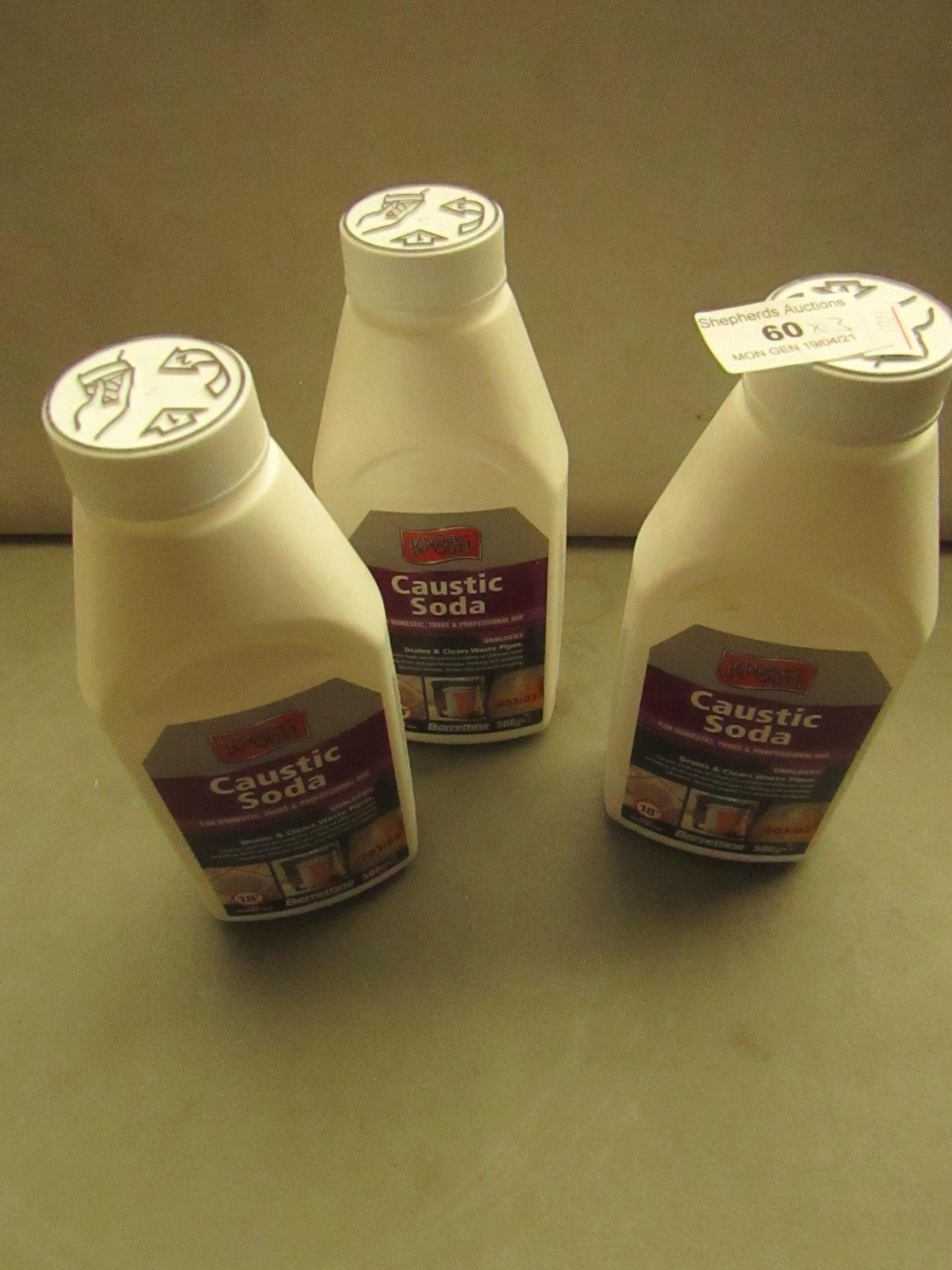 3x Kockout - Caustic Soda - 500g - Unused.