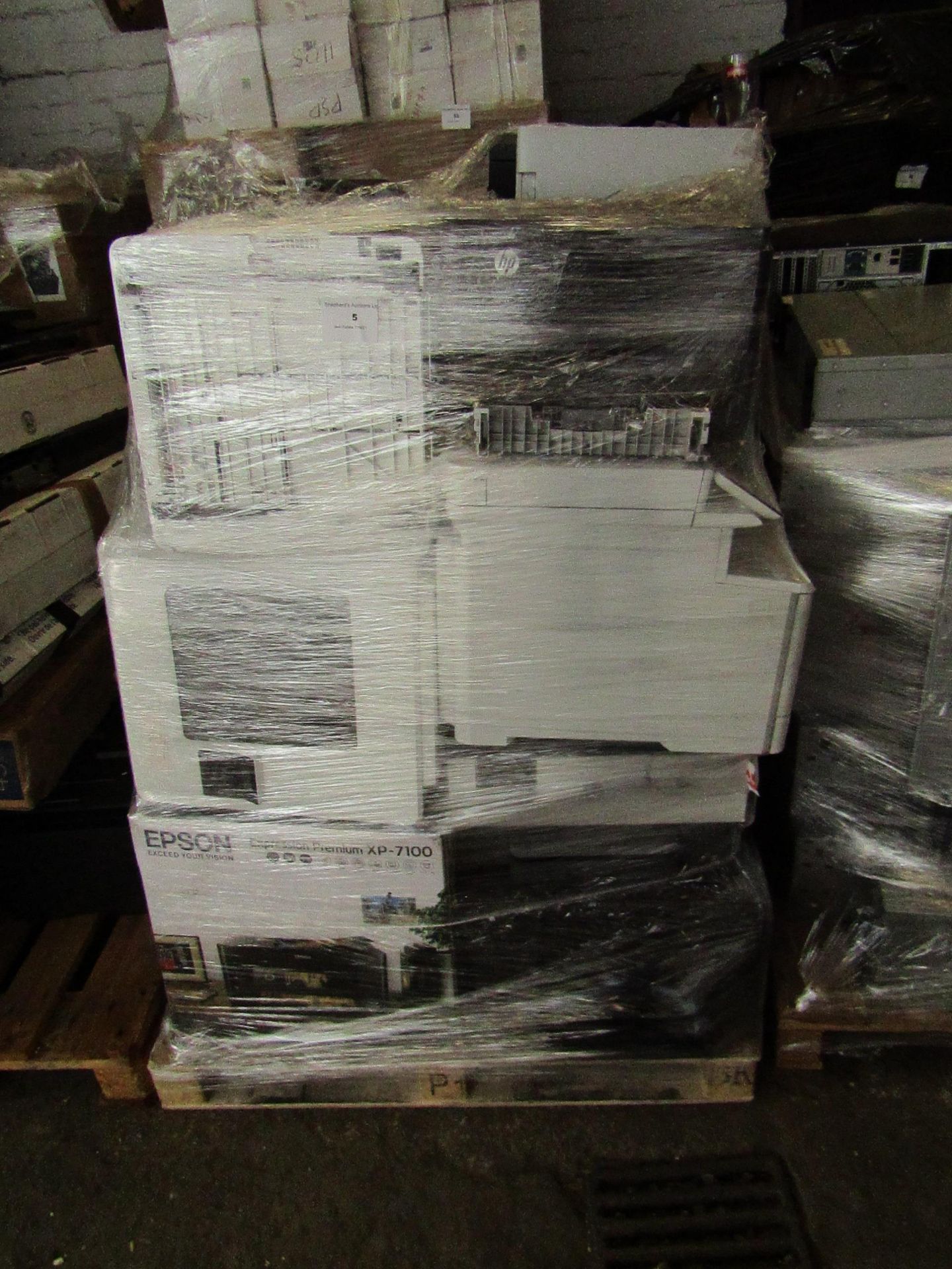 Pallet of approx 18 Printers fromHp and other Brands, all unchecked and unworked, Please read lot