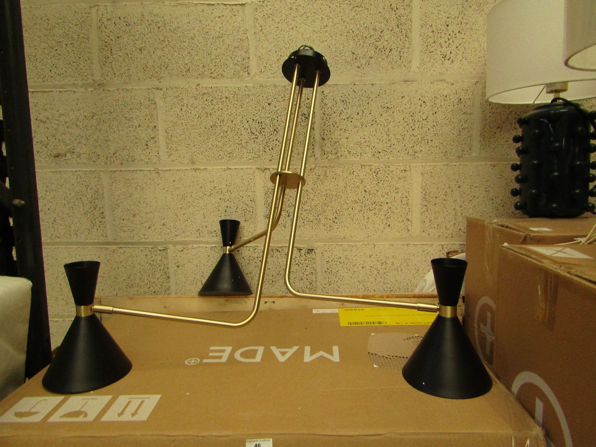 | 1x | MADE.COM AXTON CHANDELIER LAMP BLACK & BRUSHED BRASS CEILING LIGHT | UNCHECKED AND BOXED |