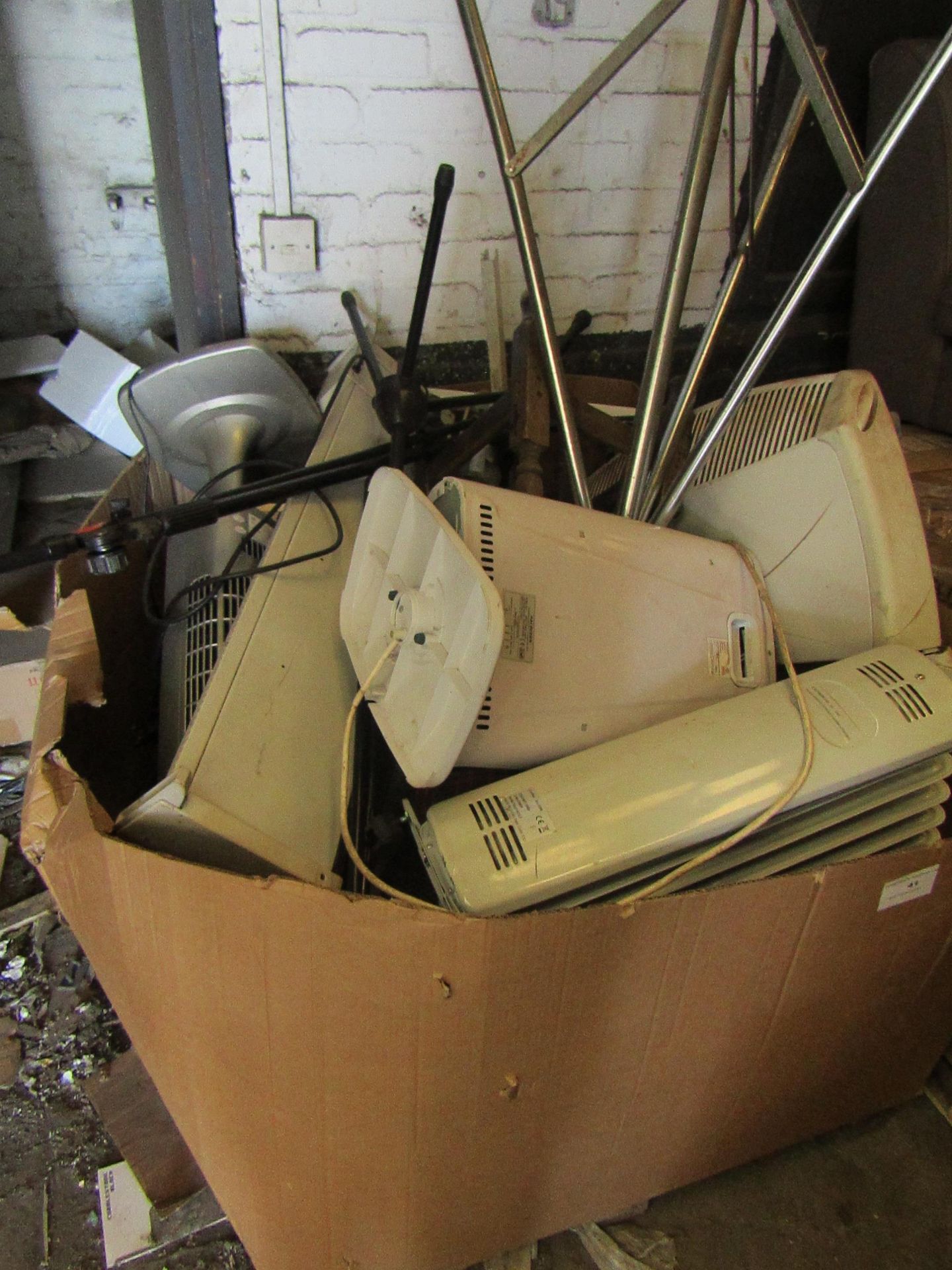 Pallet of approx 15 various items which include Heates, Fans, Music stands, a stool and maybe