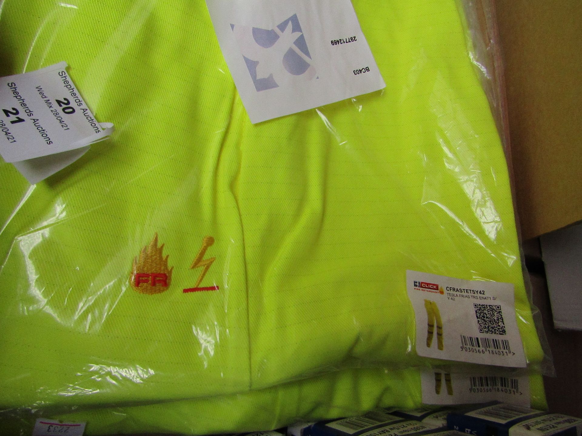 Click - Tesla FR-AS Hi-Vis Yellow Fire Resistant Work Trousers - Size 42 - Unused & Packaged.