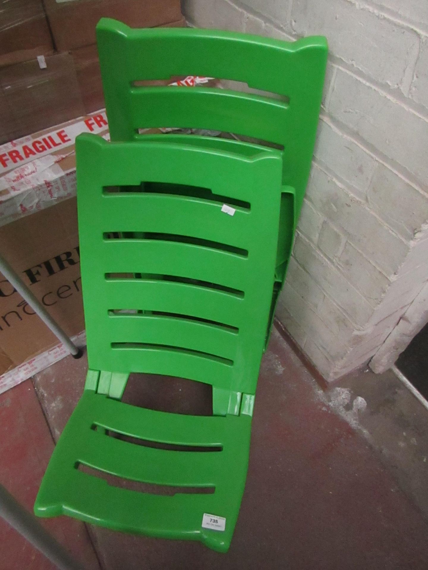 2x Plastic Deck Chairs - Green - Good Condition.