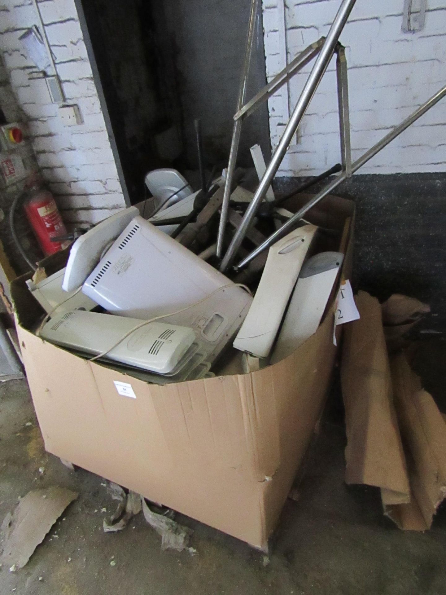 Pallet of approx 15 various items which include Heates, Fans, Music stands, a stool and maybe