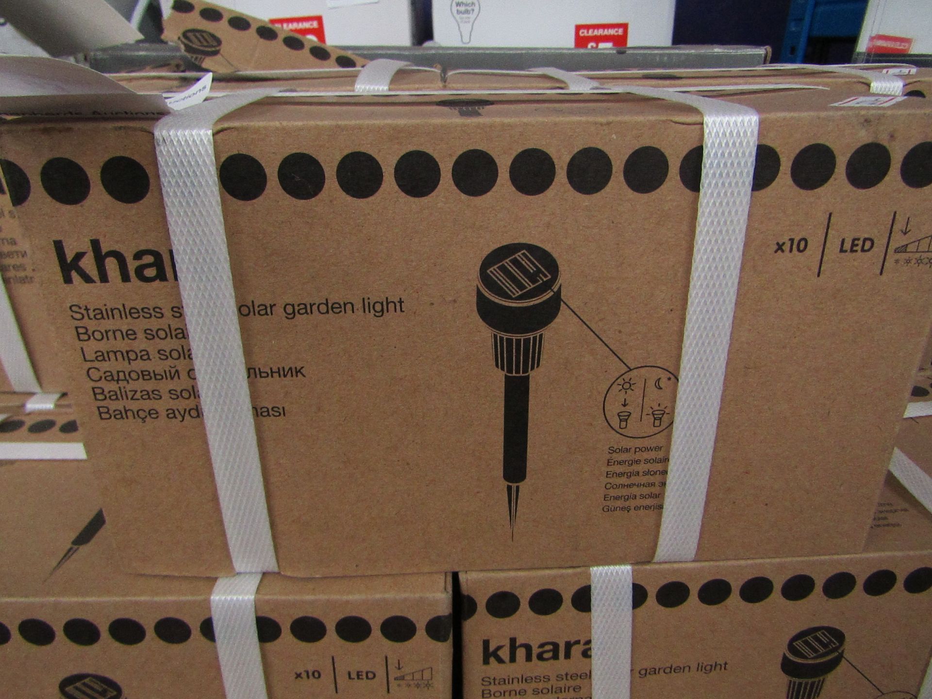 10 x Khara Stainless Steel Solar Garden Lights, new and boxed.