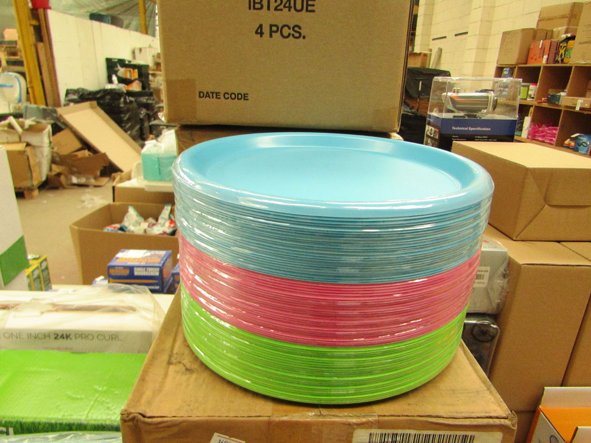 Box Containing Approx 62 Plastic 10" Plates (3 Assorted Colour Pack) - New & Packaged & Boxed.