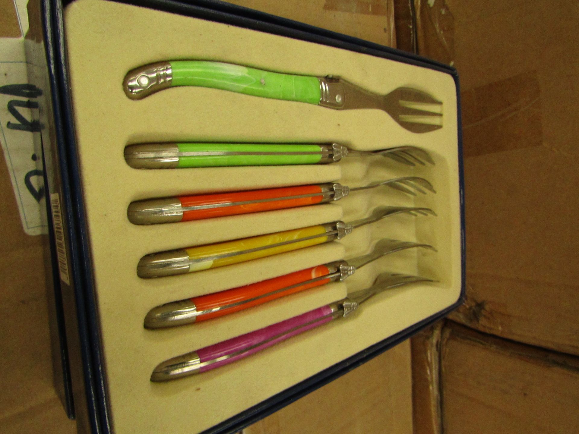 10x Laguiole - Cake Forks (6 Forks Per Box) Blue & Green - Unused & Boxed.