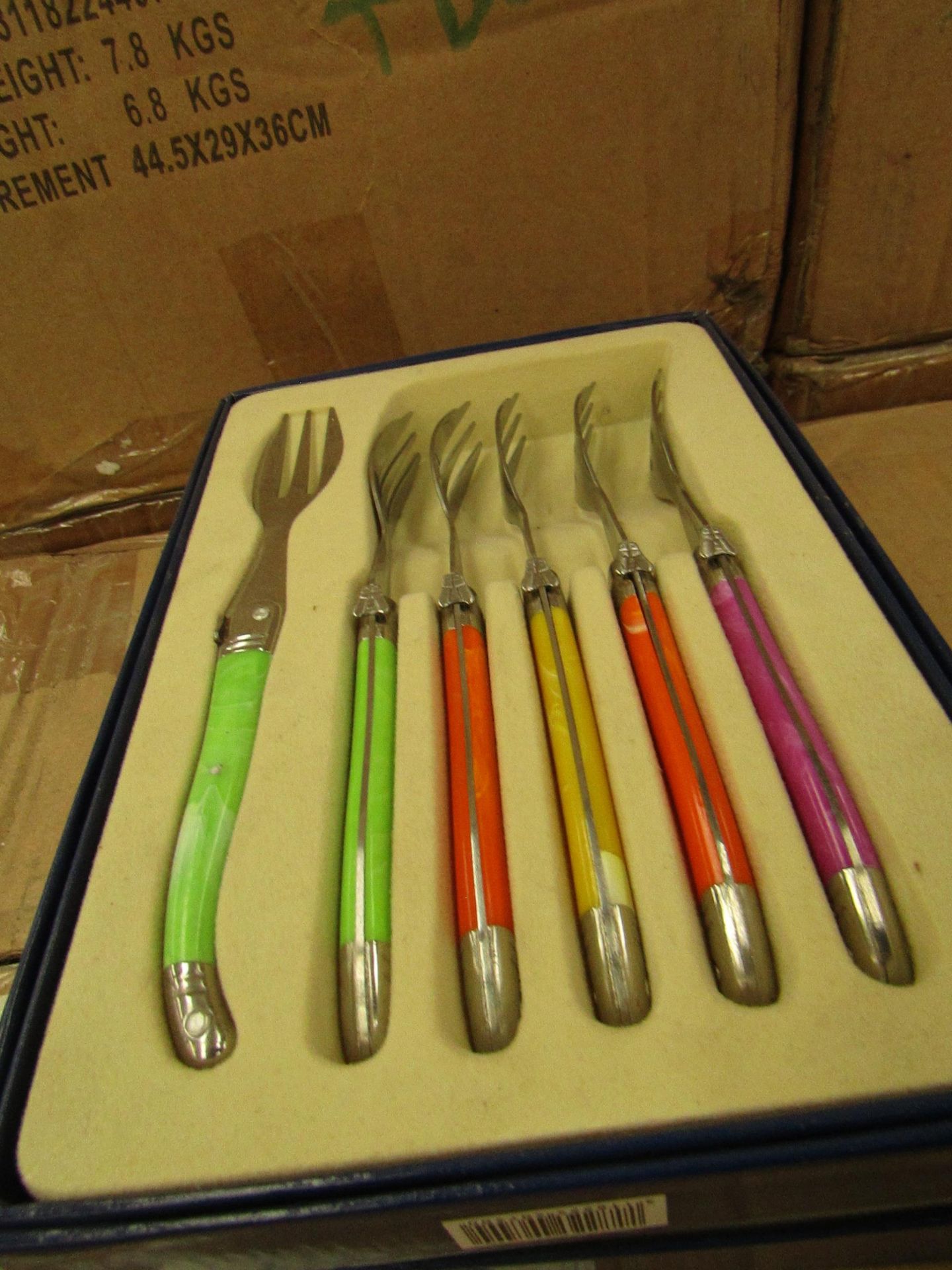 48x Laguiole - Cake Forks (6 Forks Per Box) Blue & Green - Unused & Boxed.