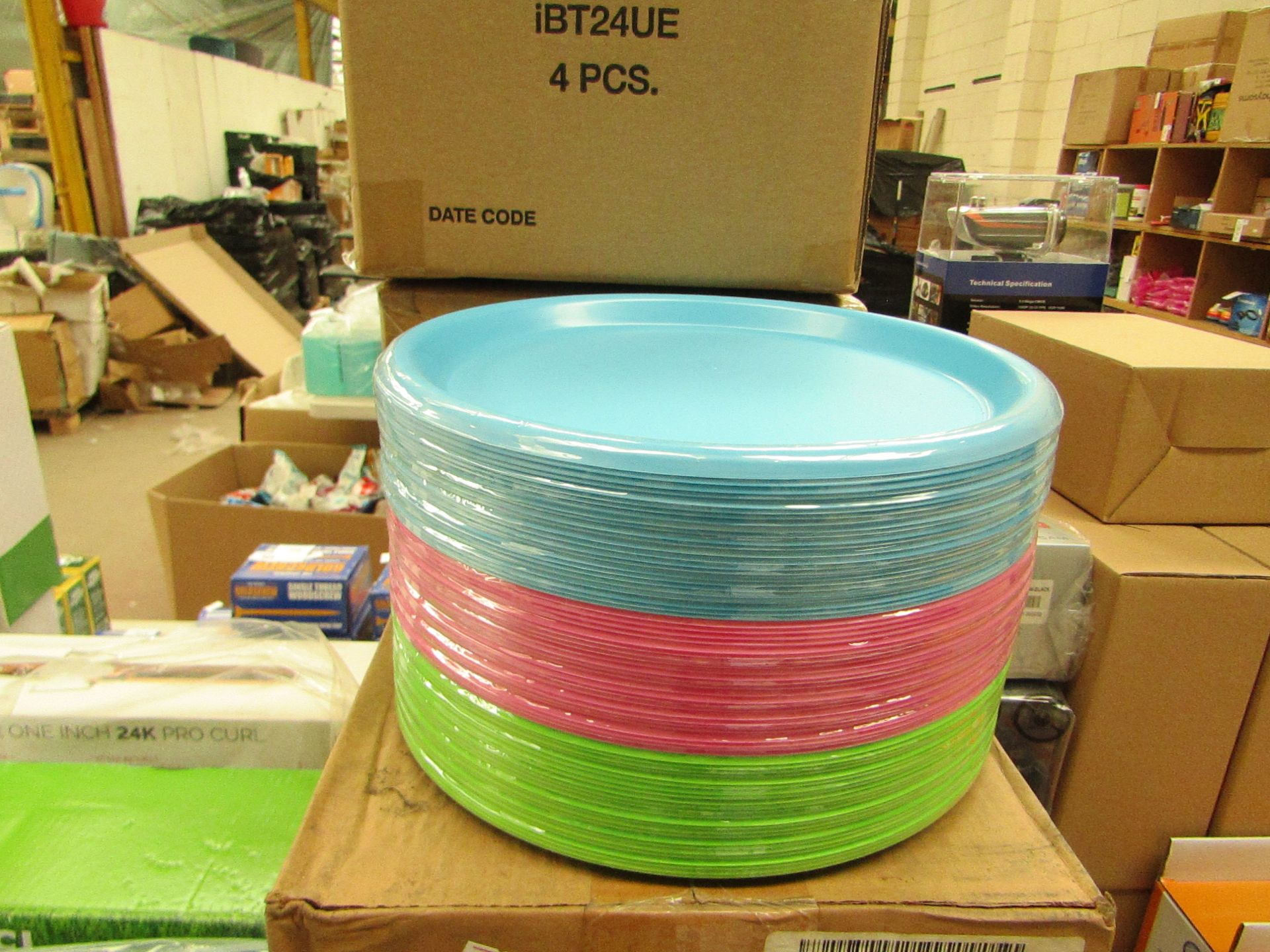 Box Containing Approx 62 Plastic 10" Plates (3 Assorted Colour Pack) - New & Packaged & Boxed.