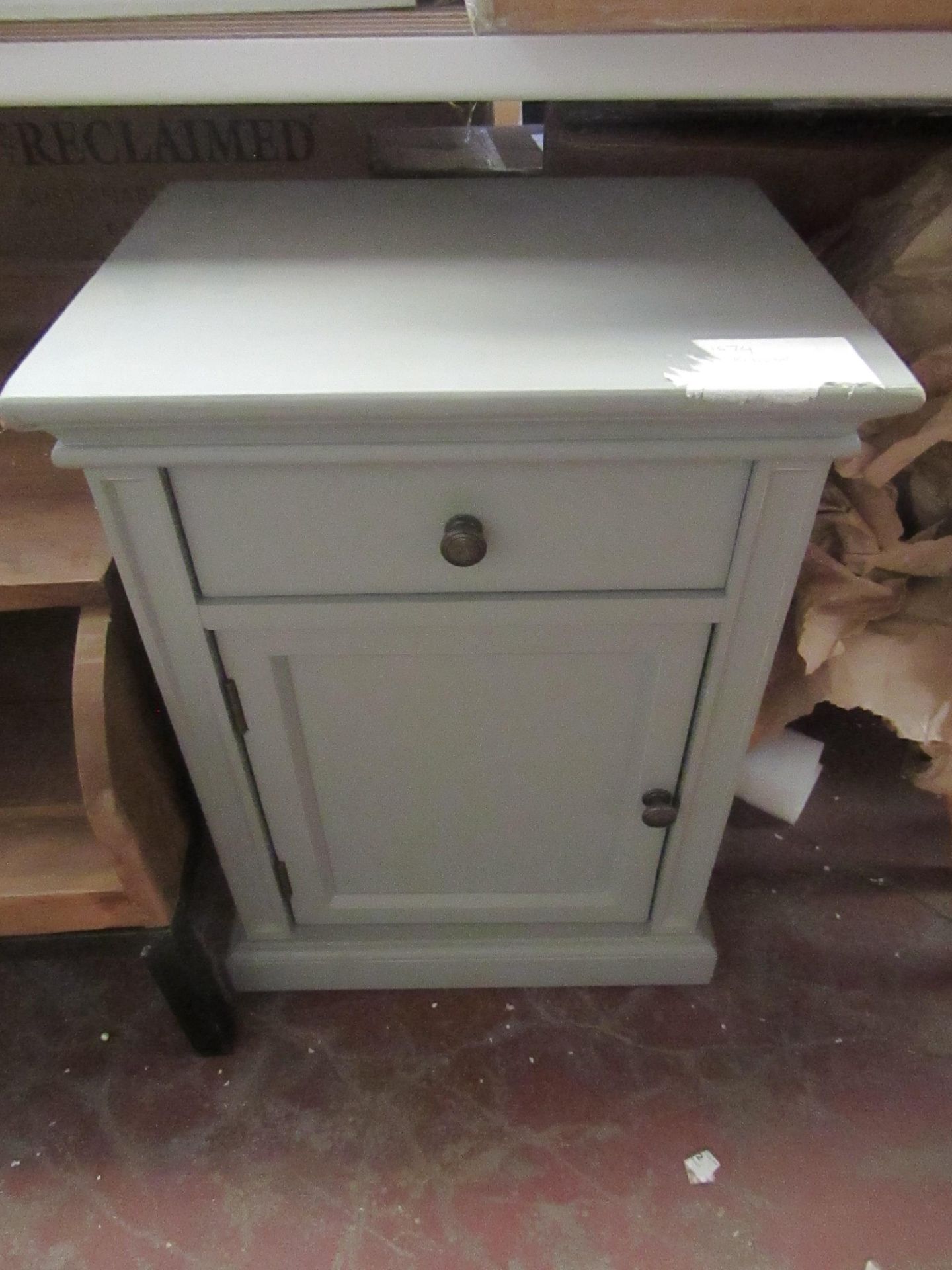 | 1X | COX & COX GREY BEDSIDE TABLE | CORNER DAMAGED | RRP £275 |