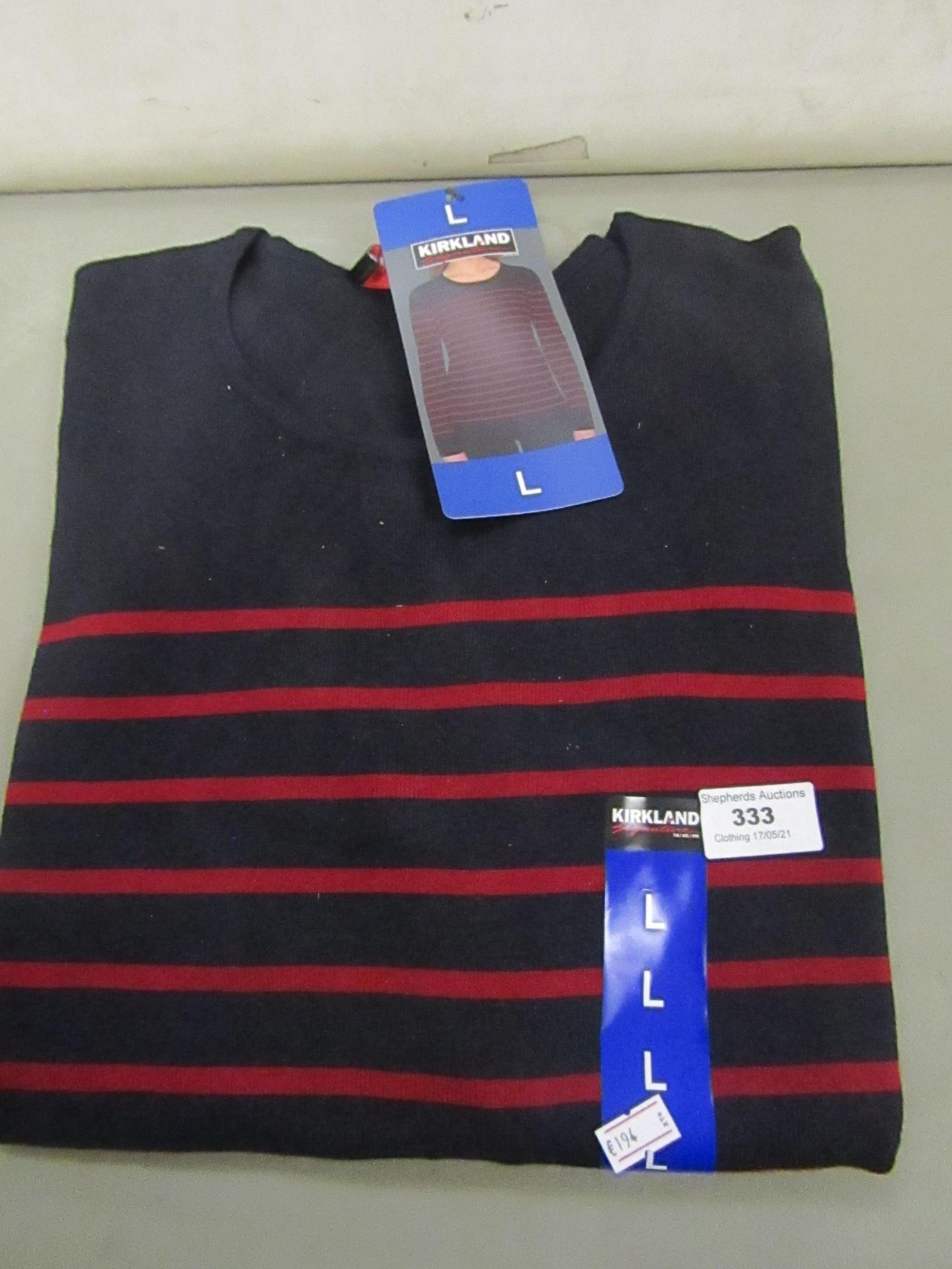 Kirkland Signature Ladies Crew Neck Sweater Navy/Red Stripe Size LNew With Tags