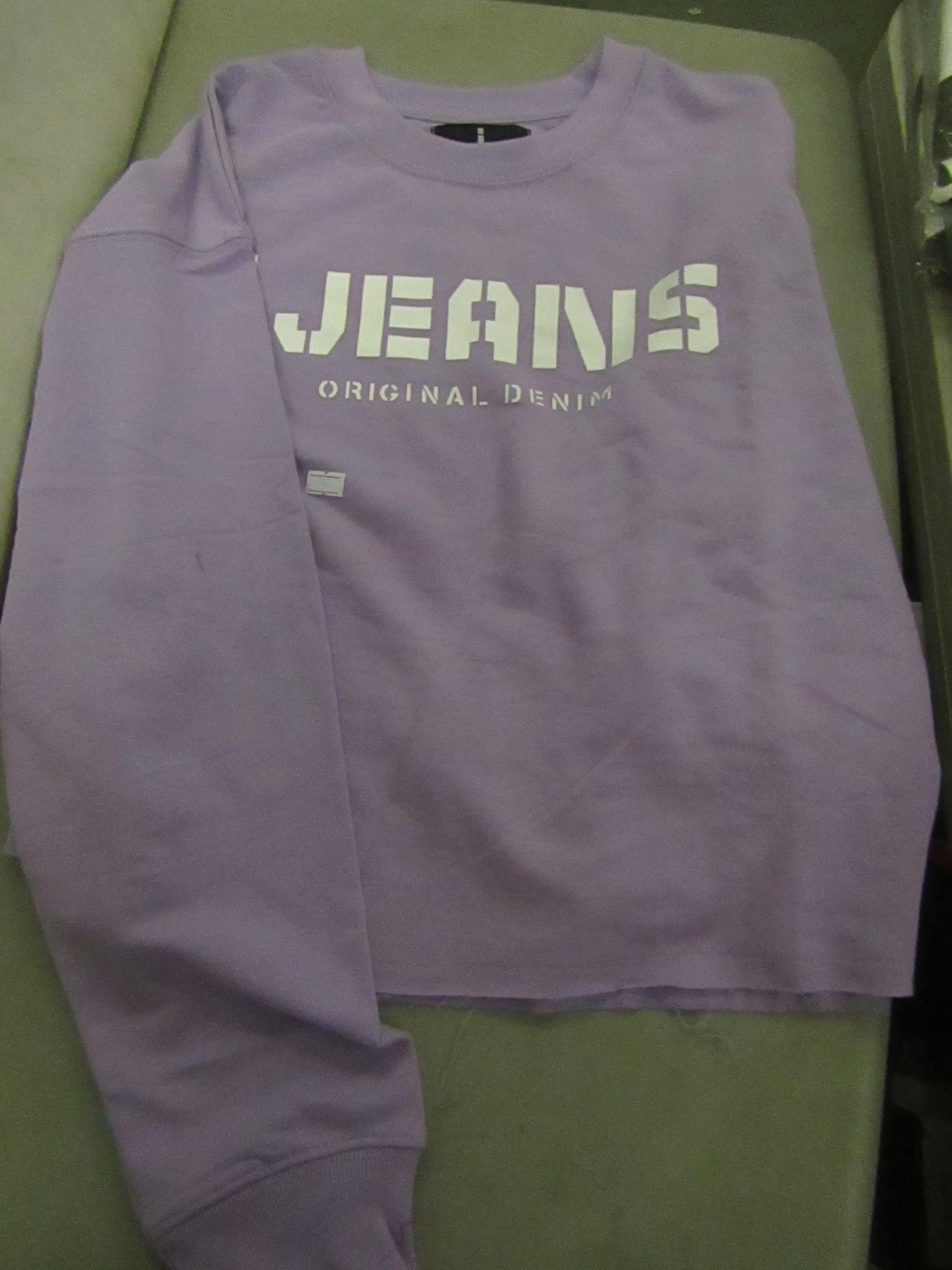 Jeans Original Denim Ladies Sweatshirt, Size L Lilac & White Motif New