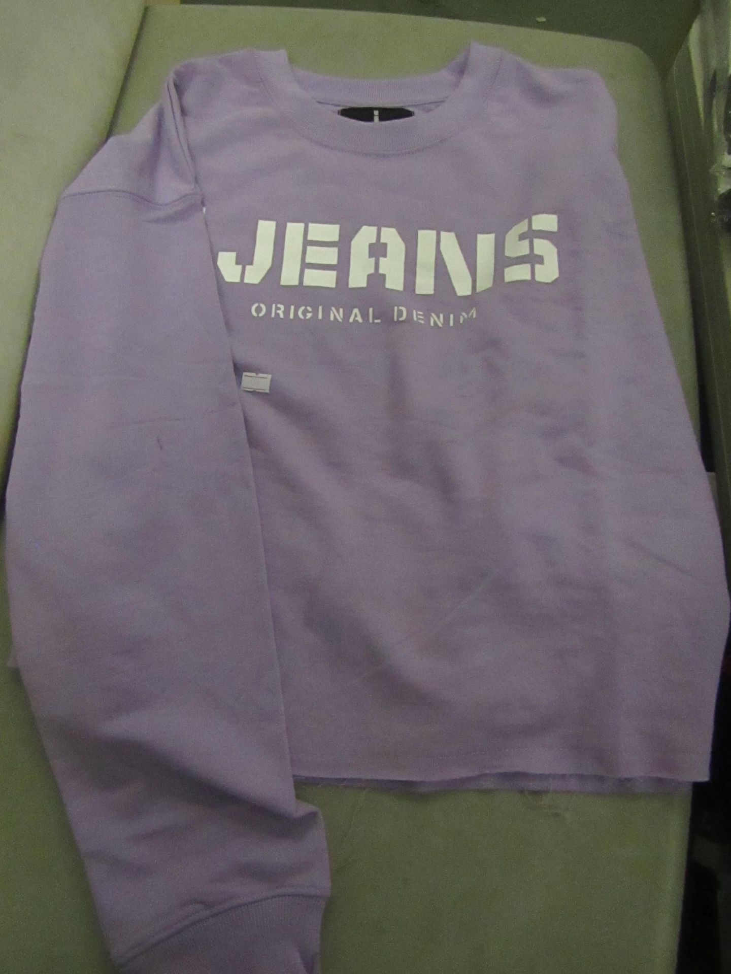 Jeans Original Denim Ladies Sweatshirt, Size X/L Lilac & White Motif New