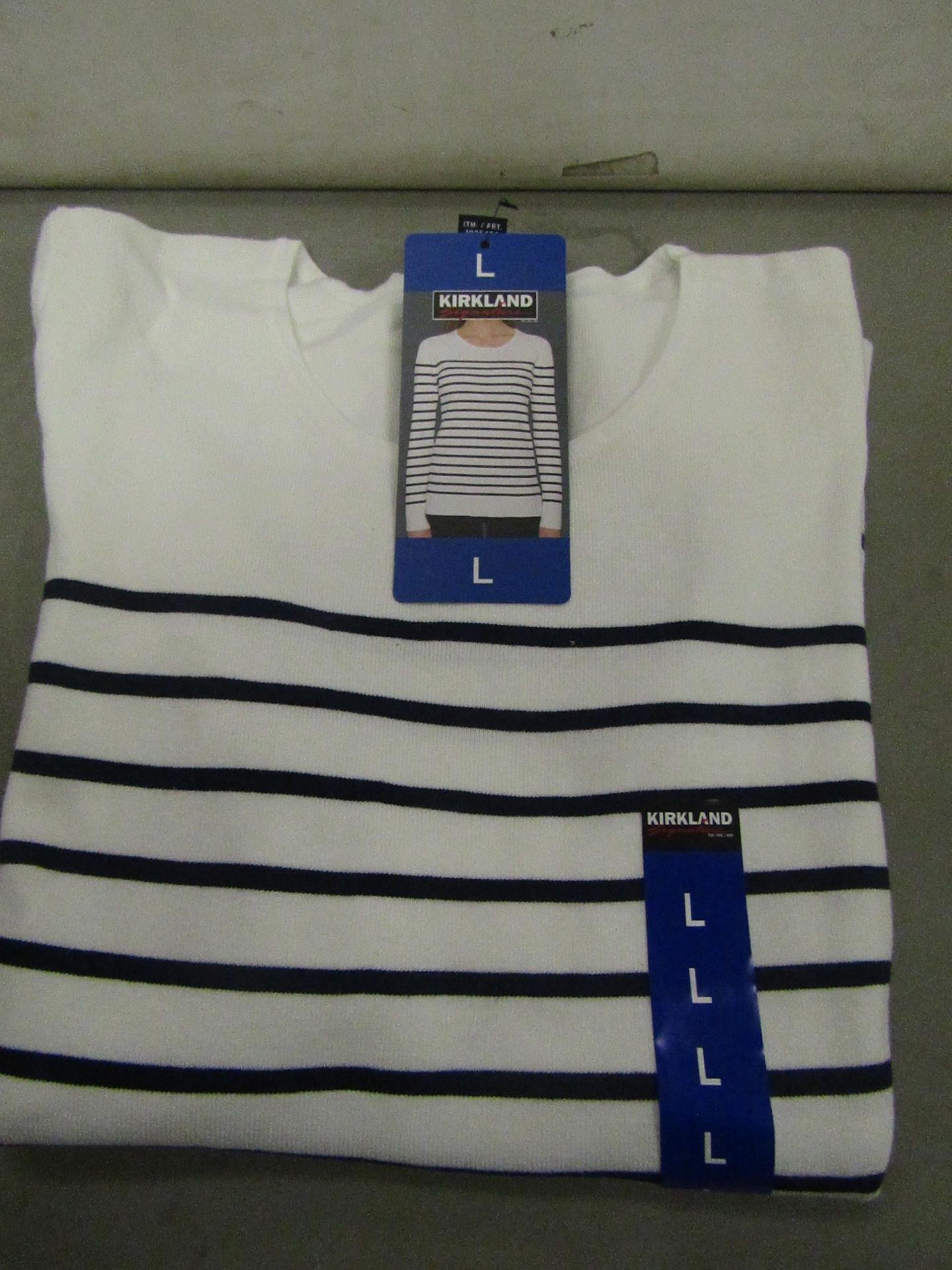Kirkland Signature Ladies Crew Neck Sweater Cream/Navy Stripe Size L New with tags
