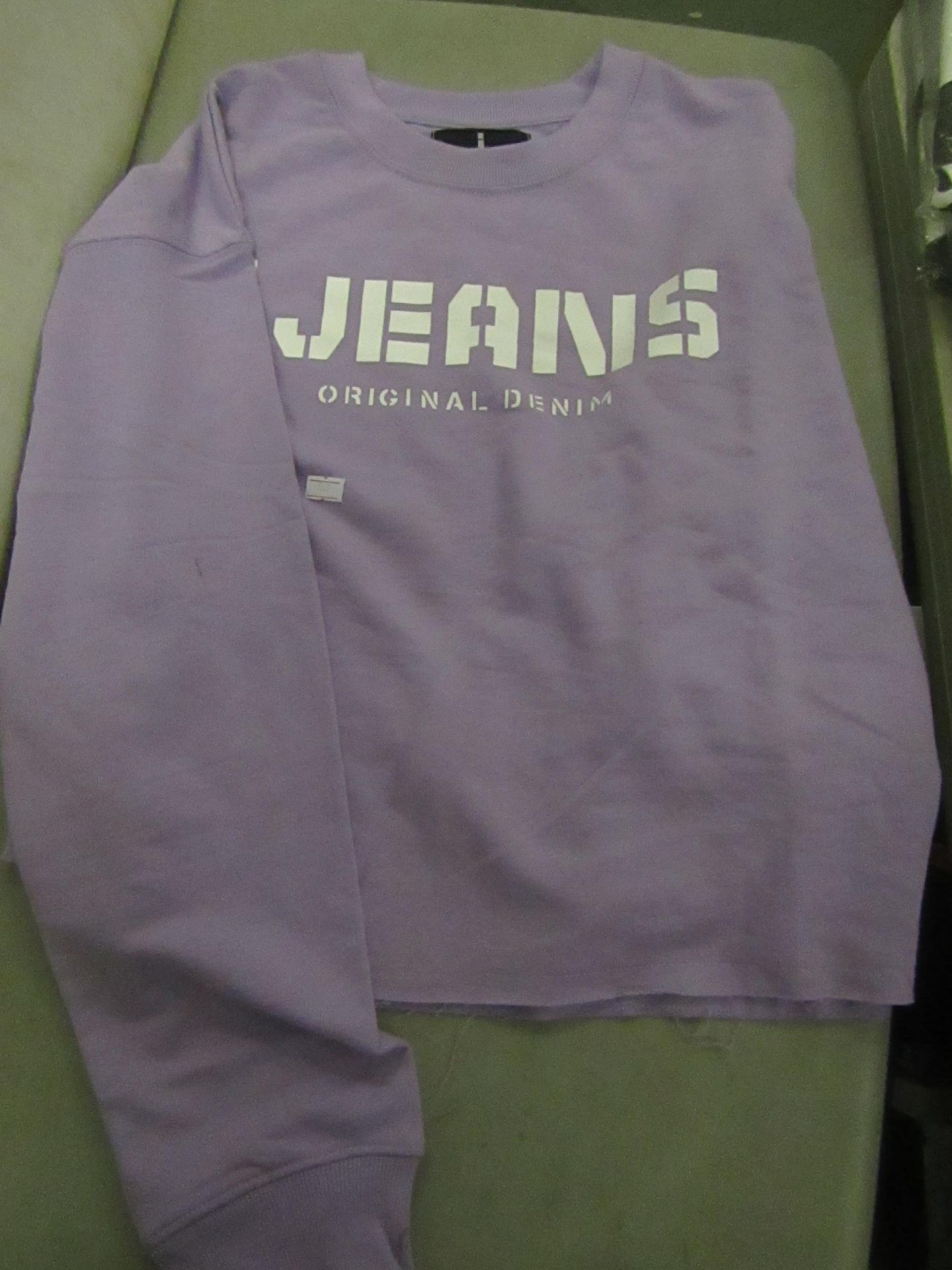 Jeans Original Denim Ladies Sweatshirt, Size L Lilac & White Motif New