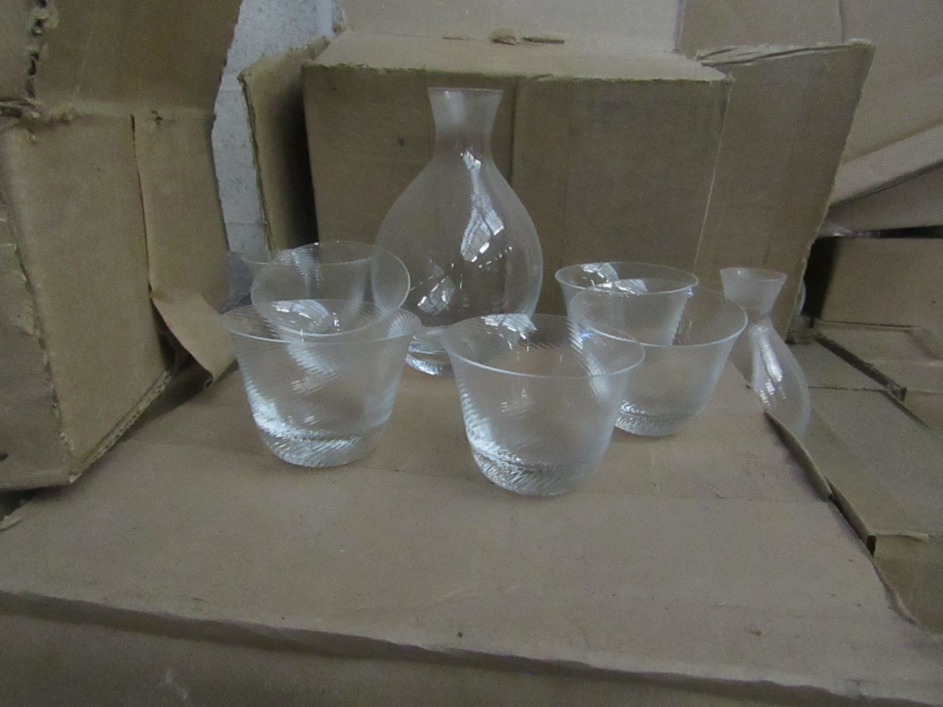 5x Tornado Glass 7 piece Shot Sets, new and boxed