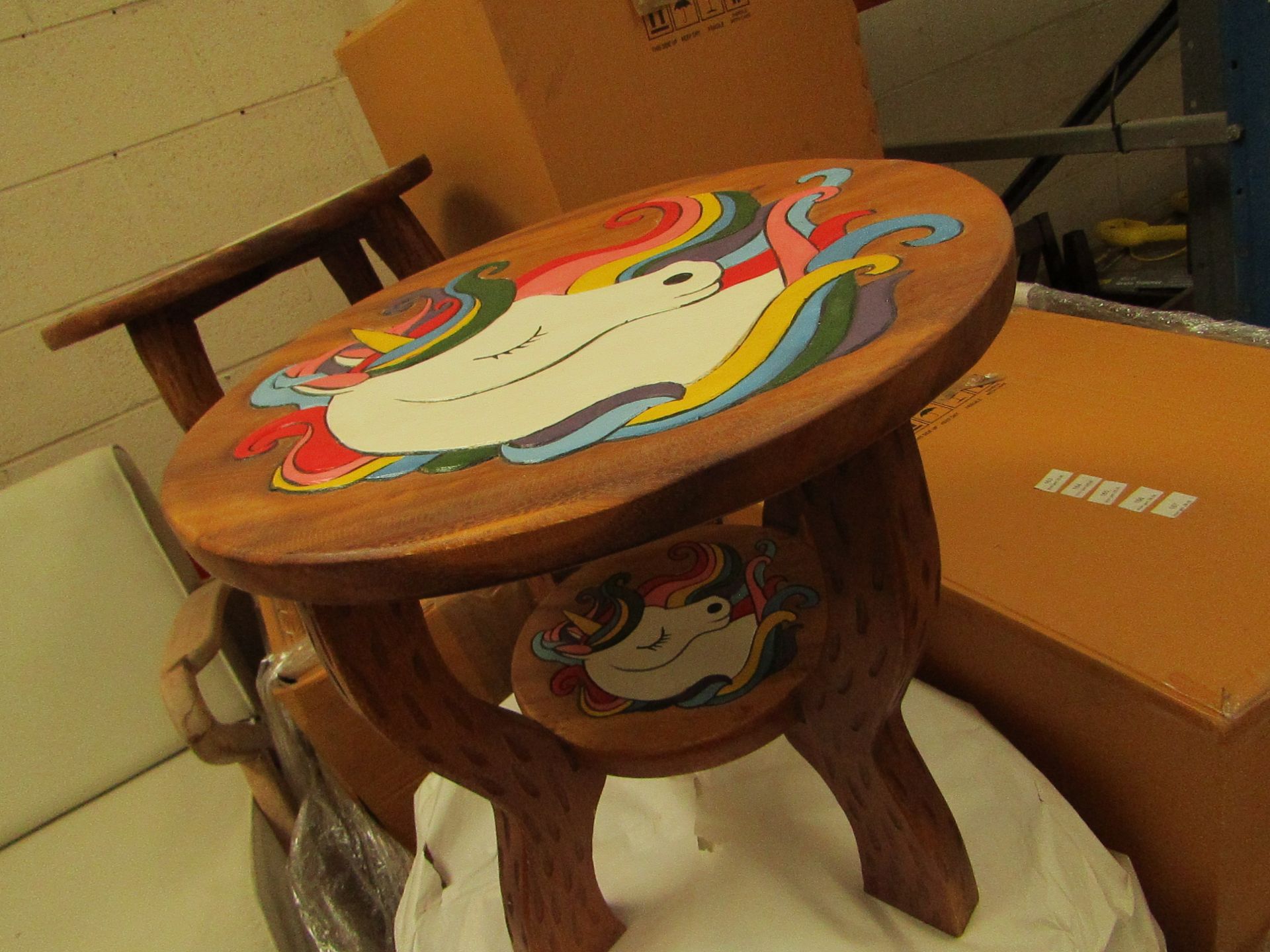 1x Childen's Hand Painted Solid Wooden Unicorn Table - New & Boxed.