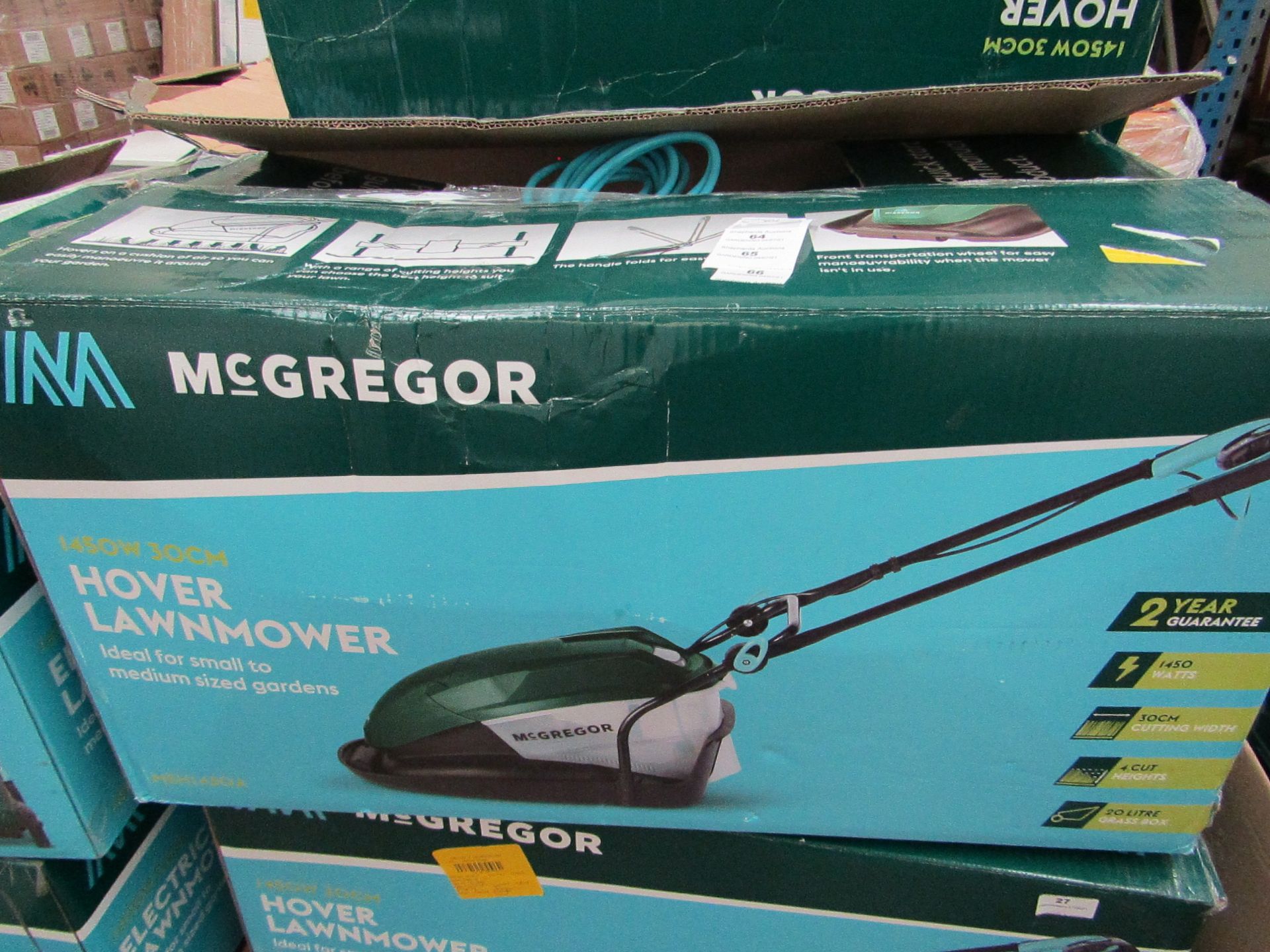 McGregor 1450w hover mower, tested working with box, RRP £80, please see lot 0 for description of