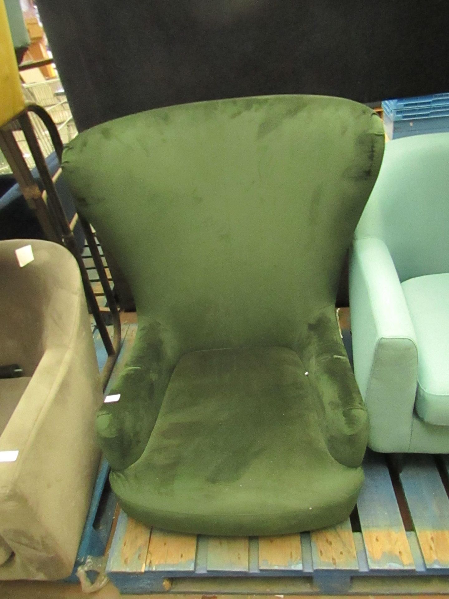 | 1X | MADE.COM HIGH BACK GREEN ARMCHAIR | NO VISIBLE DAMAGE BUT MISSING LEGS | RRP ?- |