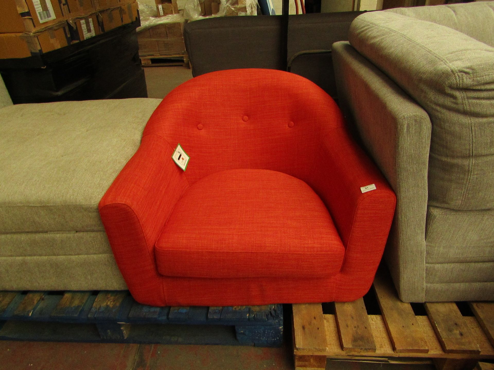 | 1X | MADE.COM RED FABRIC TUB CHAIR | NO MAJOR DAMAGE AND MISSING FEET | RRP ?250 |