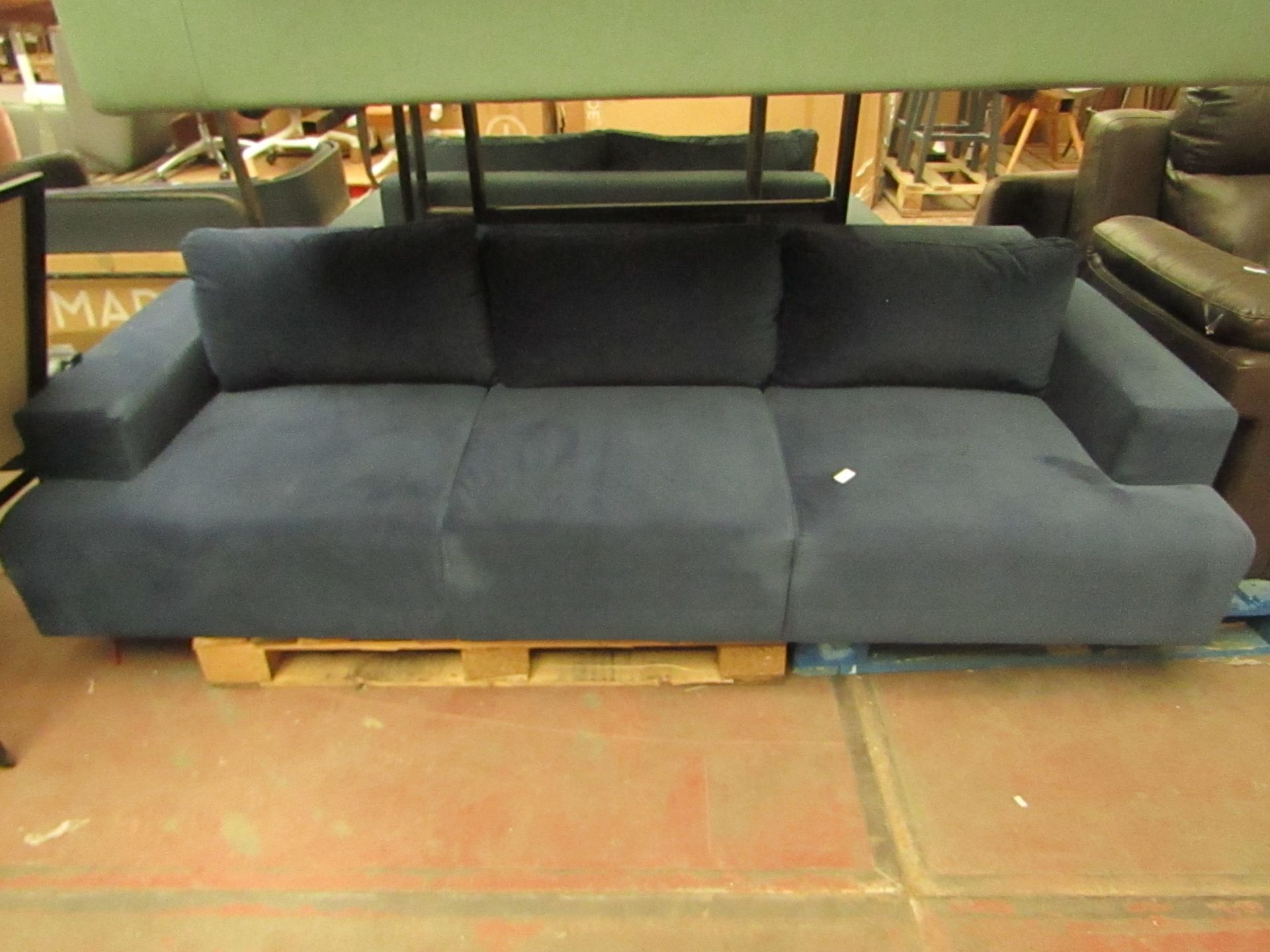 | 1X | MADE.COM BLUE VELVET 3 SEATER SOFA | NO MAJOR DAMAGE AND MISSING FEET | RRP œ599 |