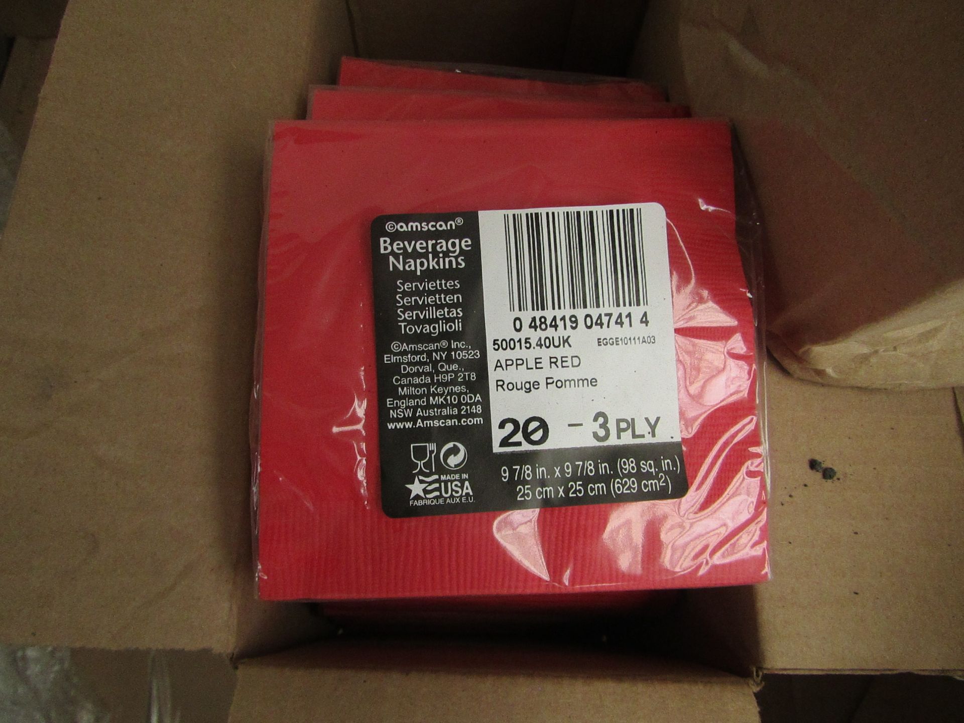 4x Boxes of Beverage Napkins, Apple Red (see image for design) New & Boxed.
