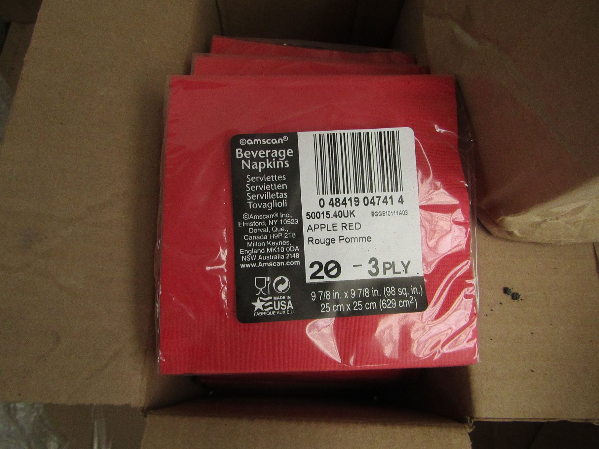 4x Boxes of Beverage Napkins, Apple Red (see image for design) New & Boxed.