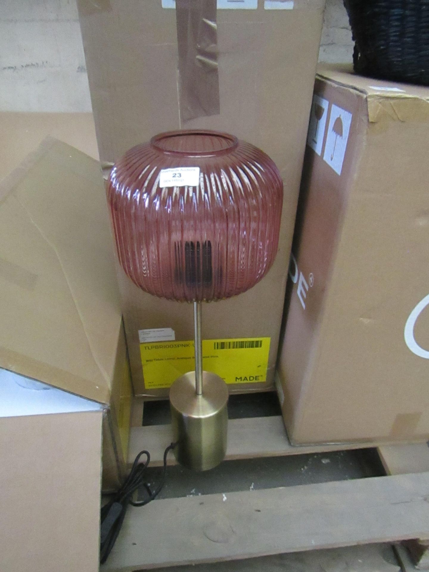 1 x Made.com Briz Table Lamp Antique Brass and Pink RRP £69 SKU MAD-TLPBRI003PNK-UK TOTAL RRP £69