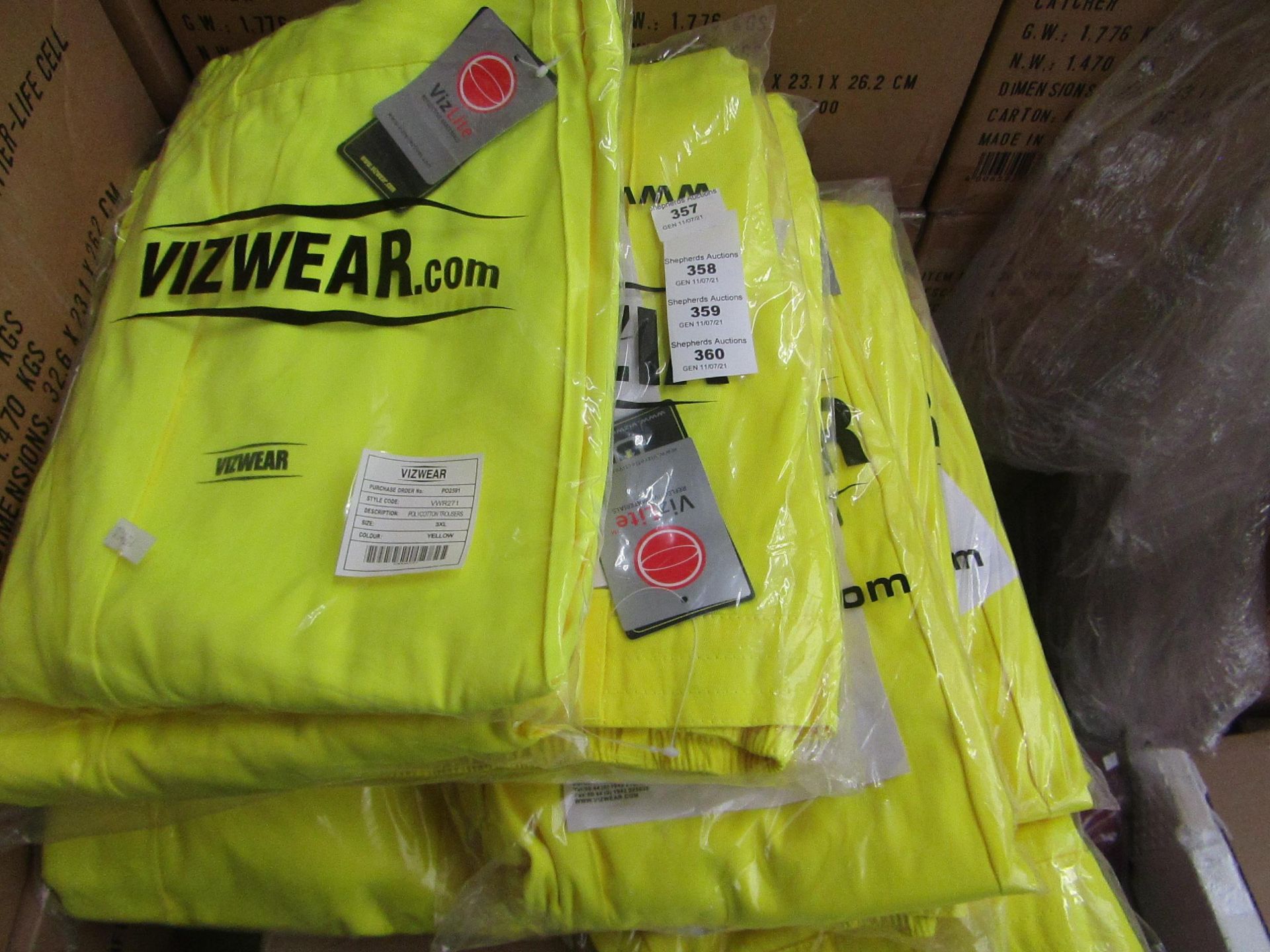 2x Vizwear - Hi-Vis Yellow Polycotton Trousers - Size 3XL - New & Packaged.