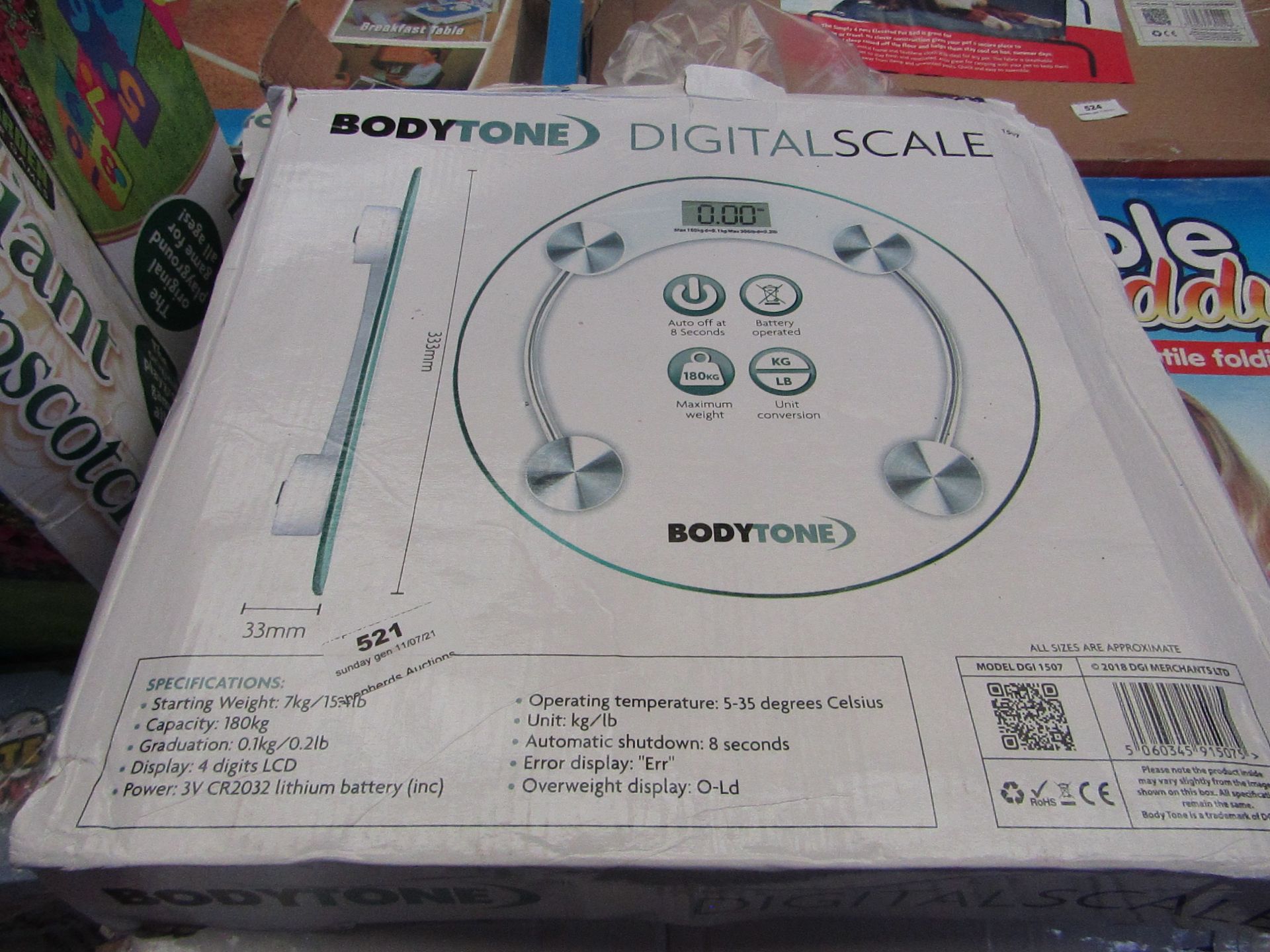 1x body tone digital scales, 180kg max weight, unchecked & boxed.