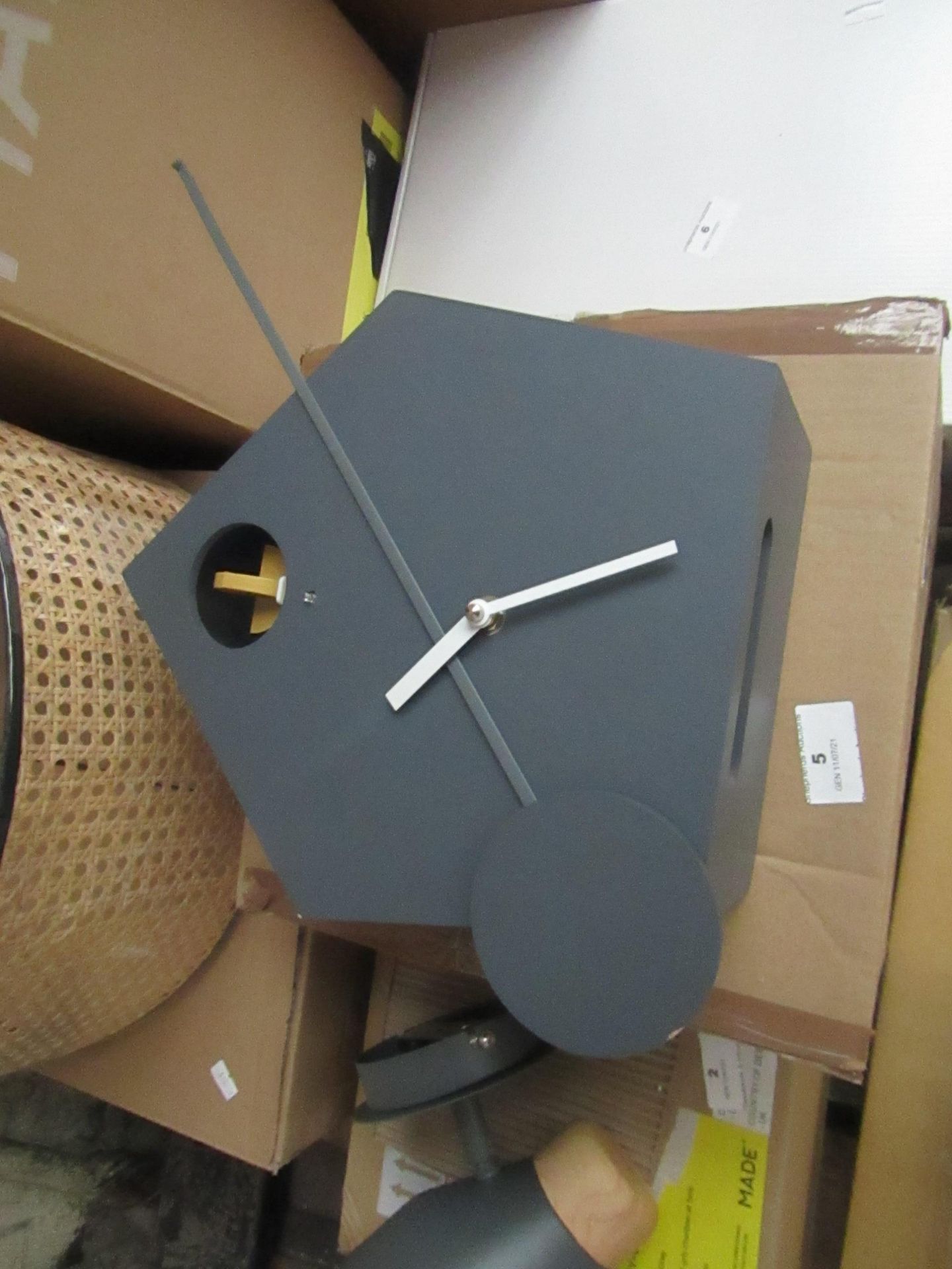 1 x Made.com Lark Cuckoo & Pendulum Wall Clock Charcoal Grey RRP £85 SKU MAD-CLKLAR001GRY-UK TOTAL