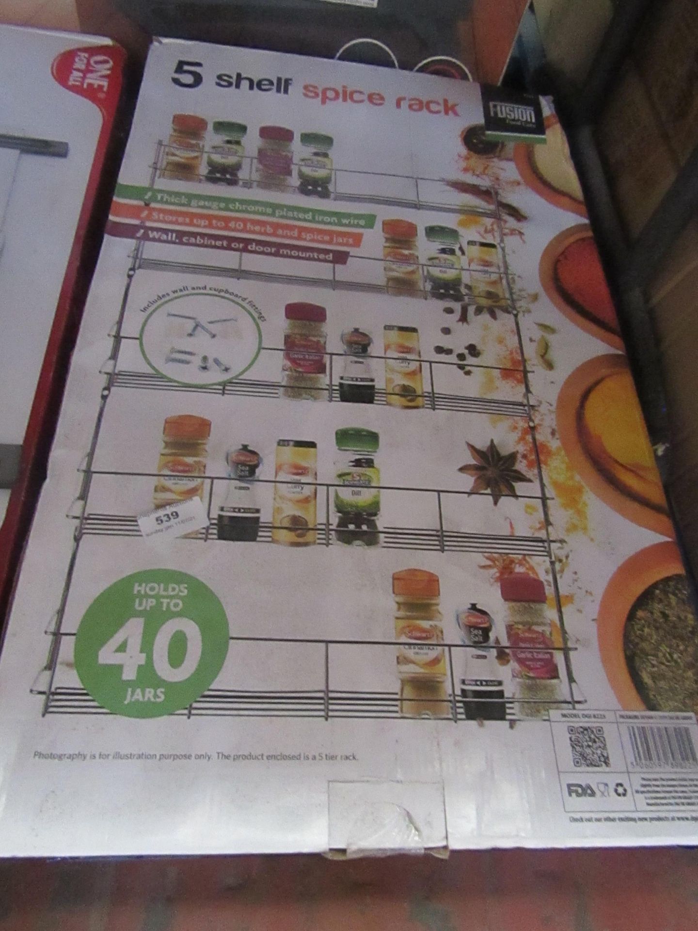 1x fusion 5 shelf spice rack, holds upto 40 jars, unchecked & boxed
