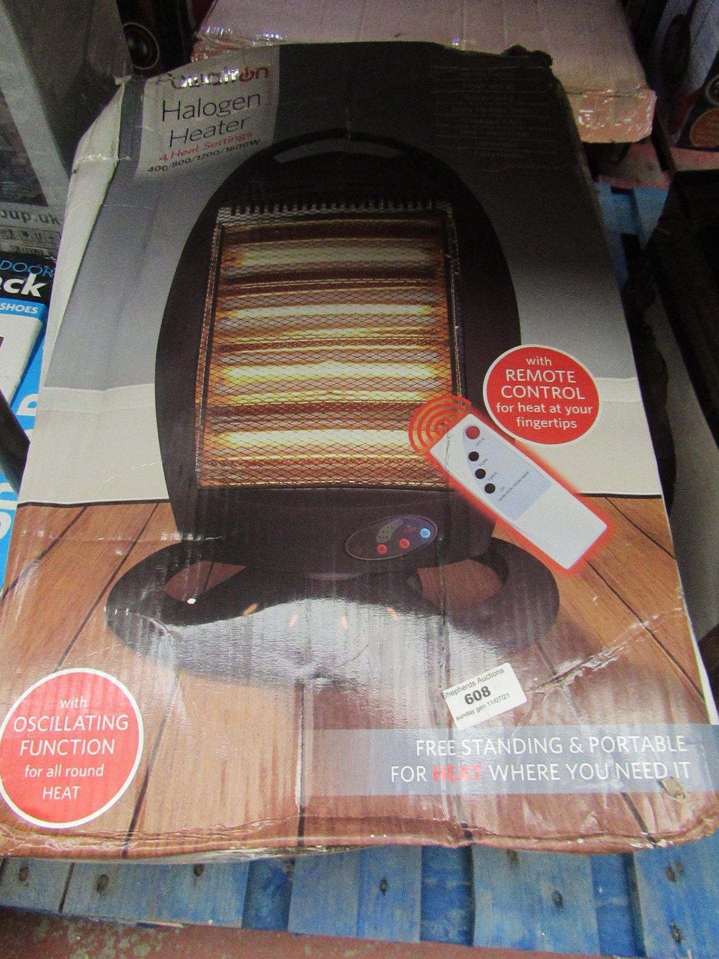 2x powatron halogen heater with 4 heat settings, 400/800/1200/1600w, unchecked & boxed.