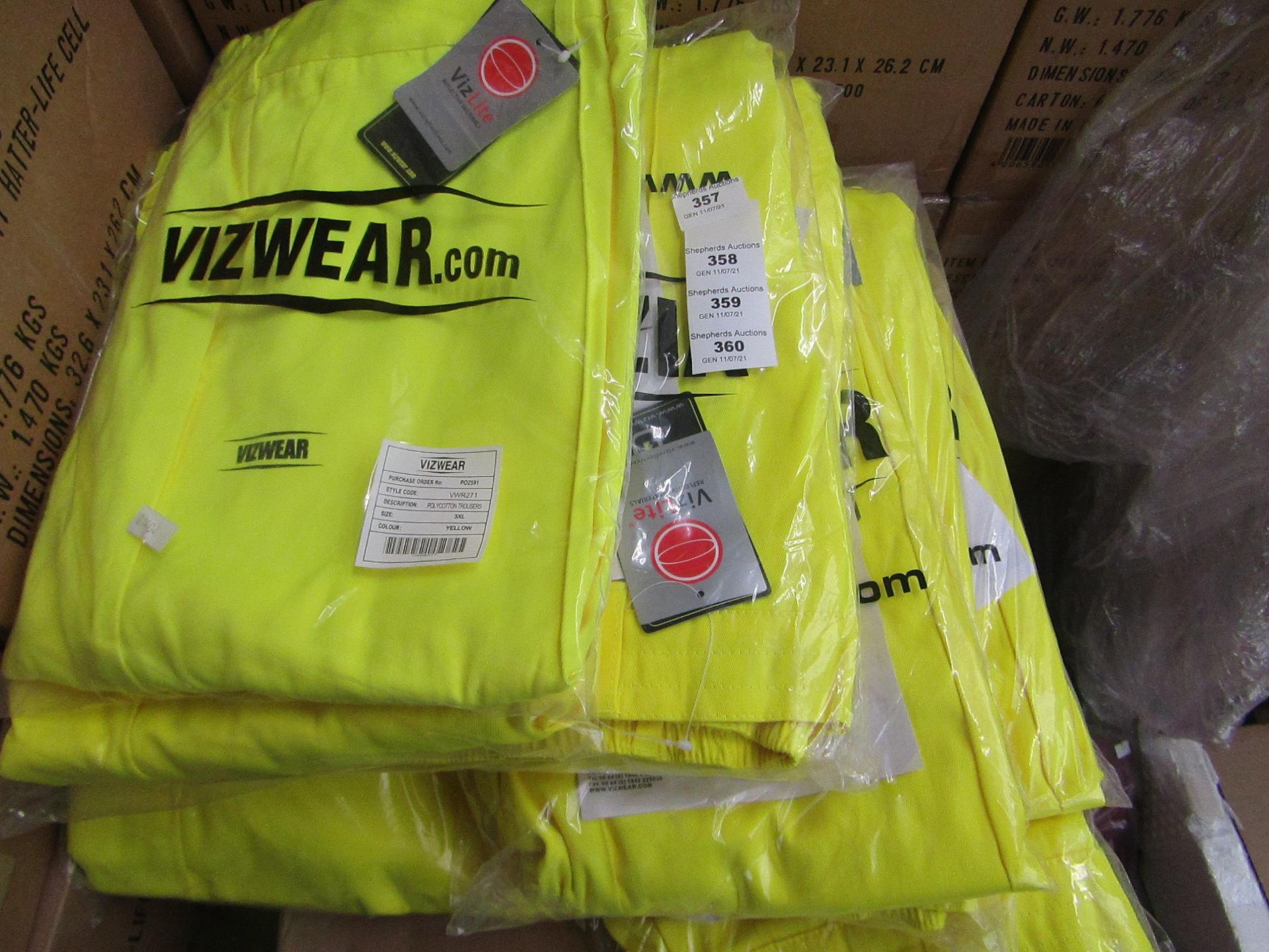 2x Vizwear - Hi-Vis Yellow Polycotton Trousers - Size 3XL - New & Packaged.