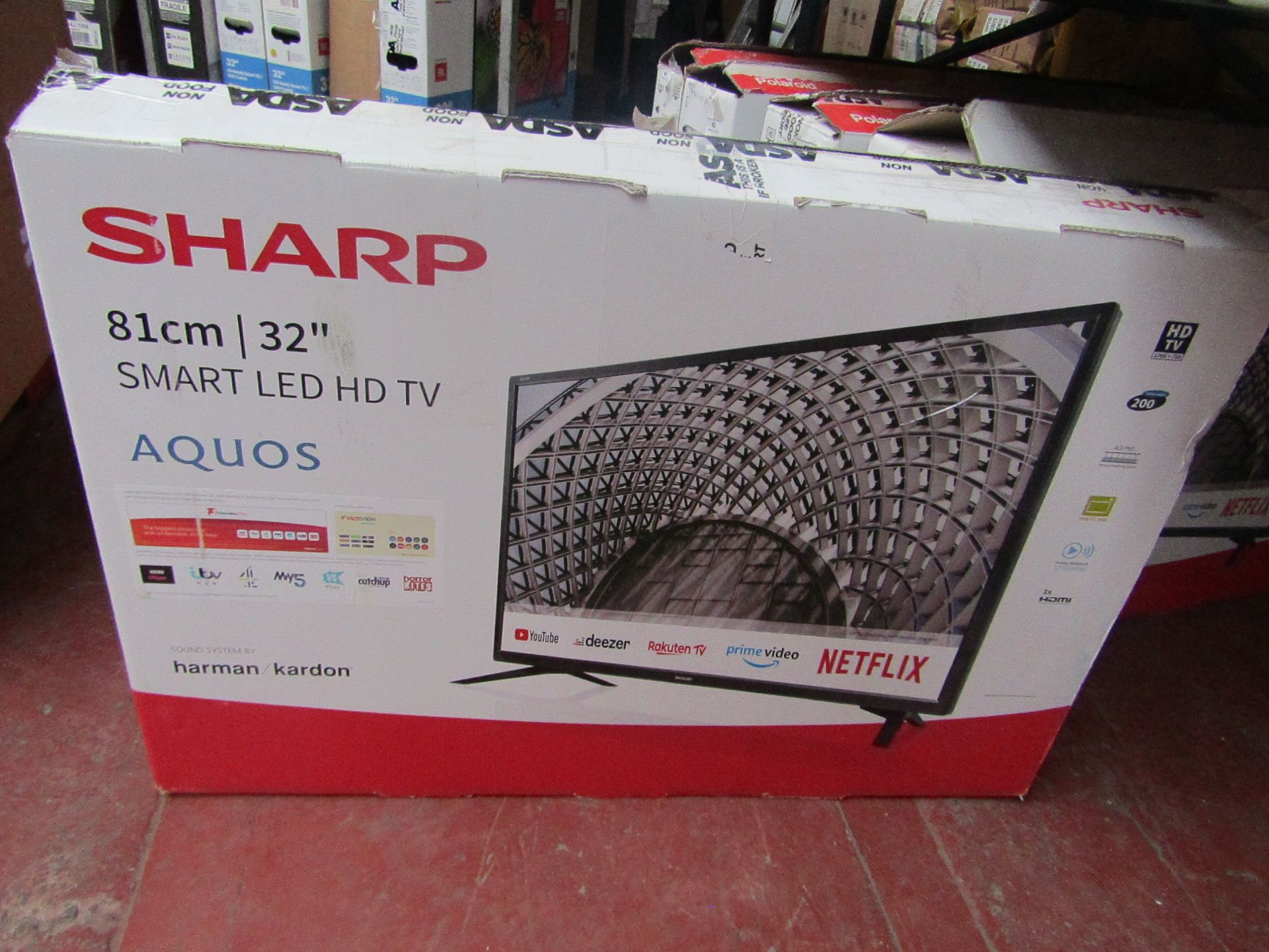 | 1x | SHARP 32" SMART LED HD TV | POWERS ON INCLUDES REMOTE CONTROL & NO STAND | BOXED | NO