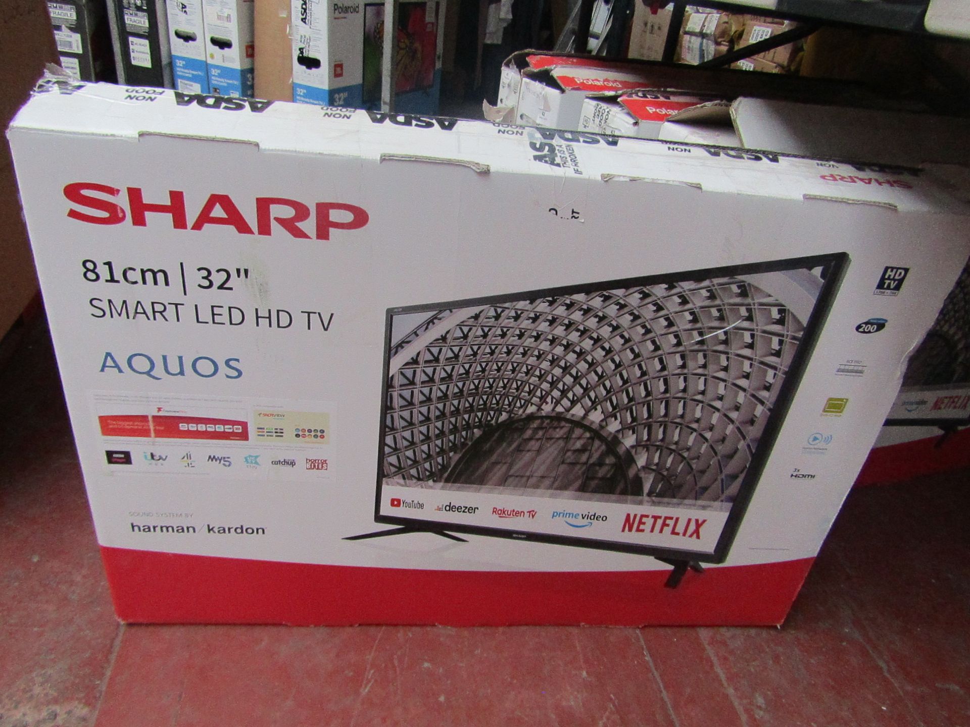 | 1x | SHARP 32" SMART LED HD TV | POWERS ON INCLUDES REMOTE CONTROL & STAND | BOXED | NO ONLINE