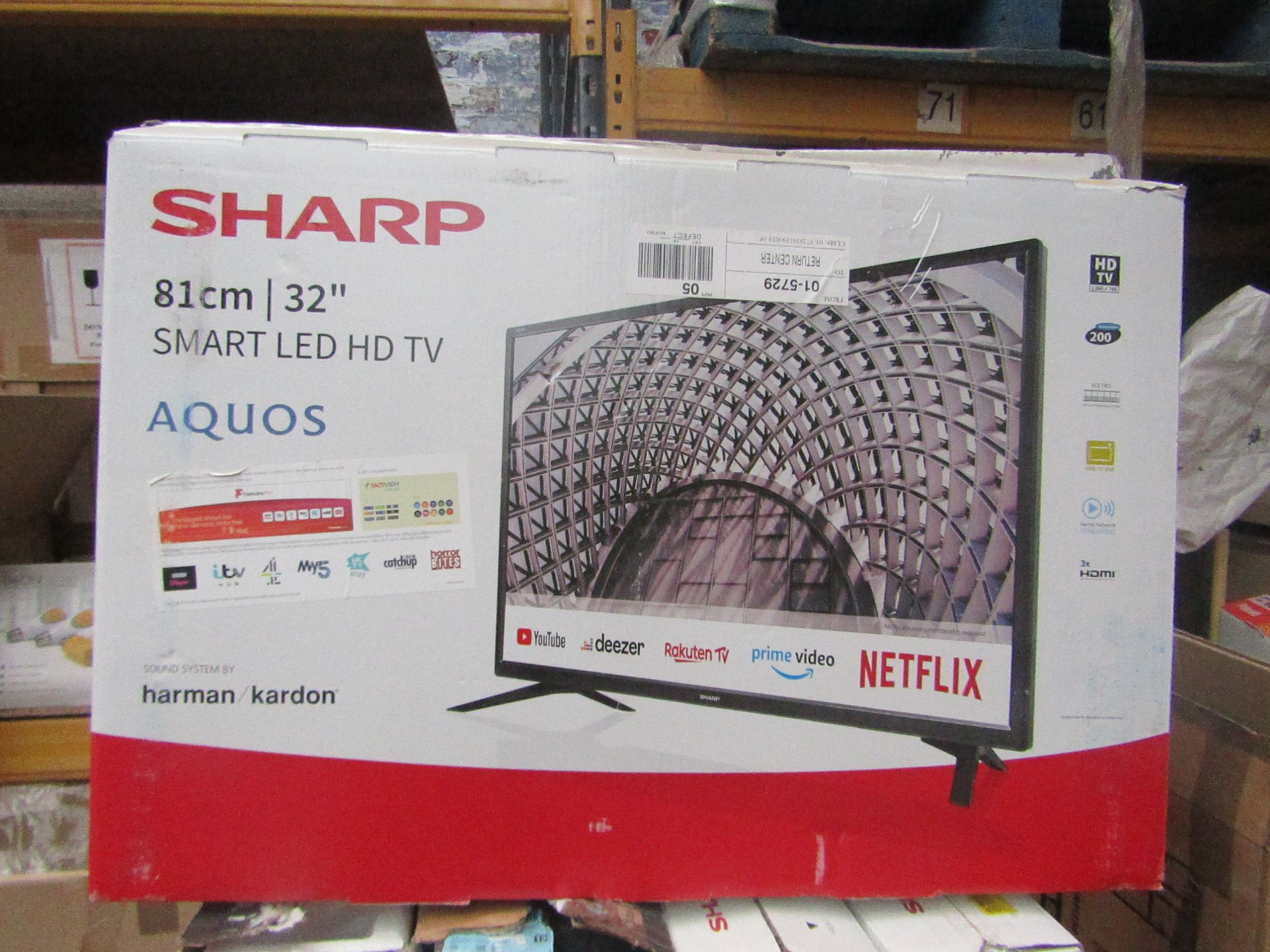 | 1x | SHARP 32" SMART LED HD TV | POWERS ON INCLUDES REMOTE CONTROL & STAND | BOXED | NO ONLINE