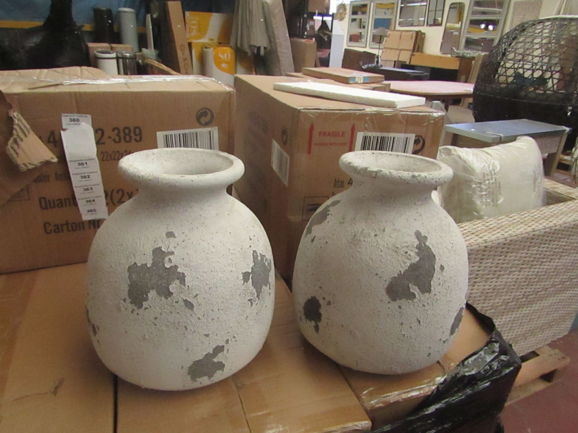| 2X | COX AND COX ANTIQYUE GREY BOTTLE CEMENT VASES | NEW AND BOXED | RRP £- |