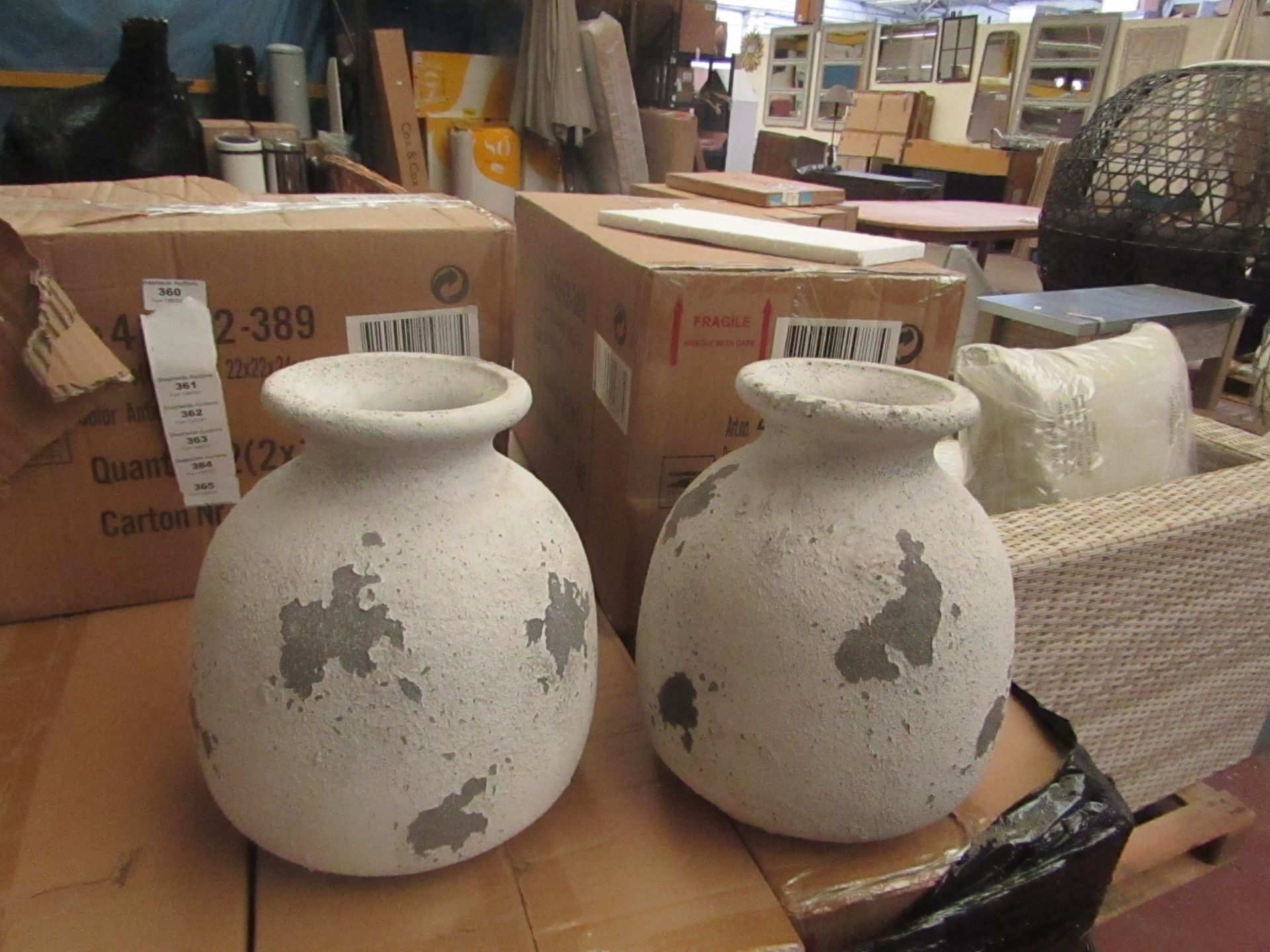 | 2X | COX AND COX ANTIQYUE GREY BOTTLE CEMENT VASES | NEW AND BOXED | RRP £- |